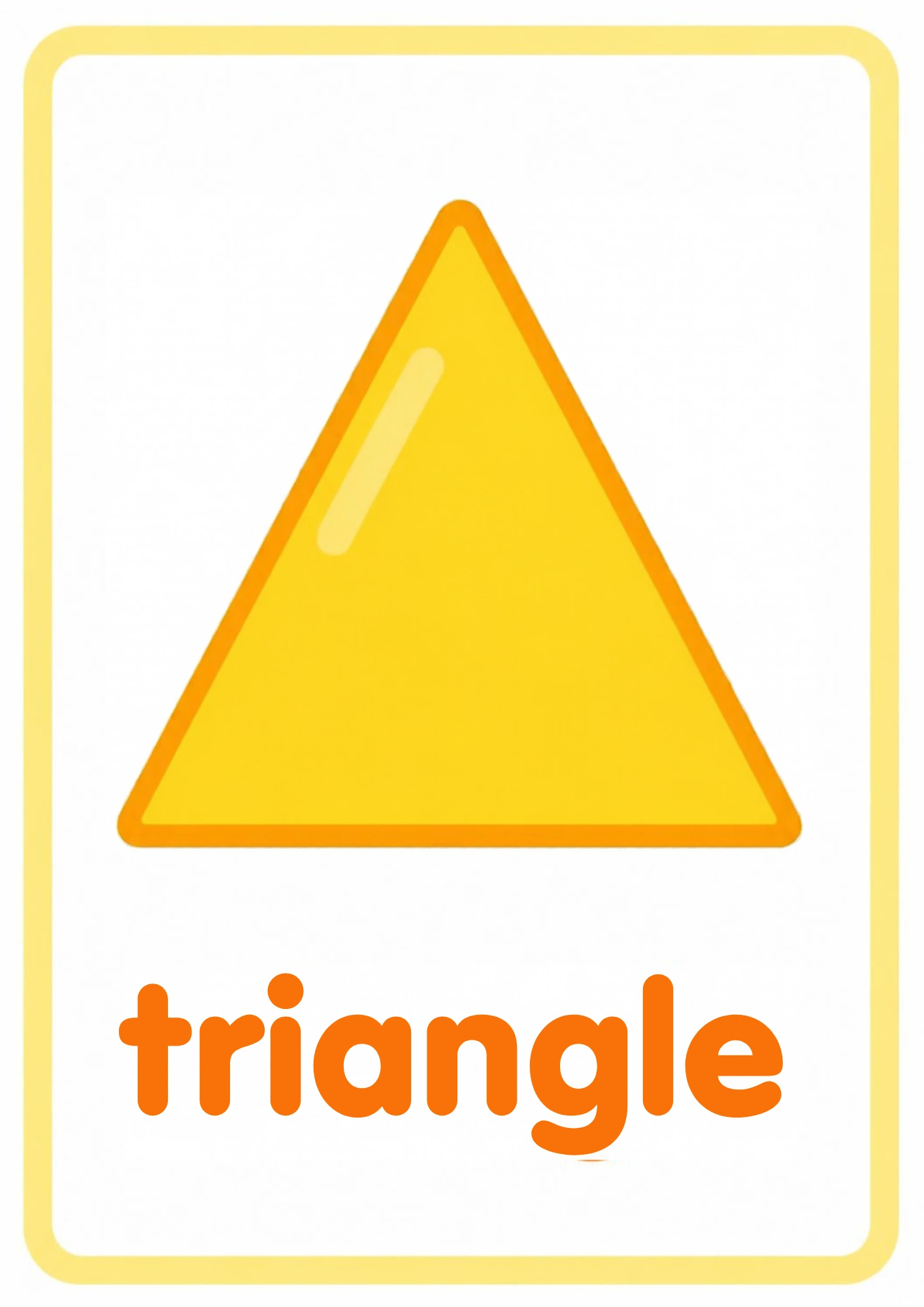 Shape flashcard for triangle: one big green triangle with a shiny highlight and the word triangle, from the Kiddo School shapes set