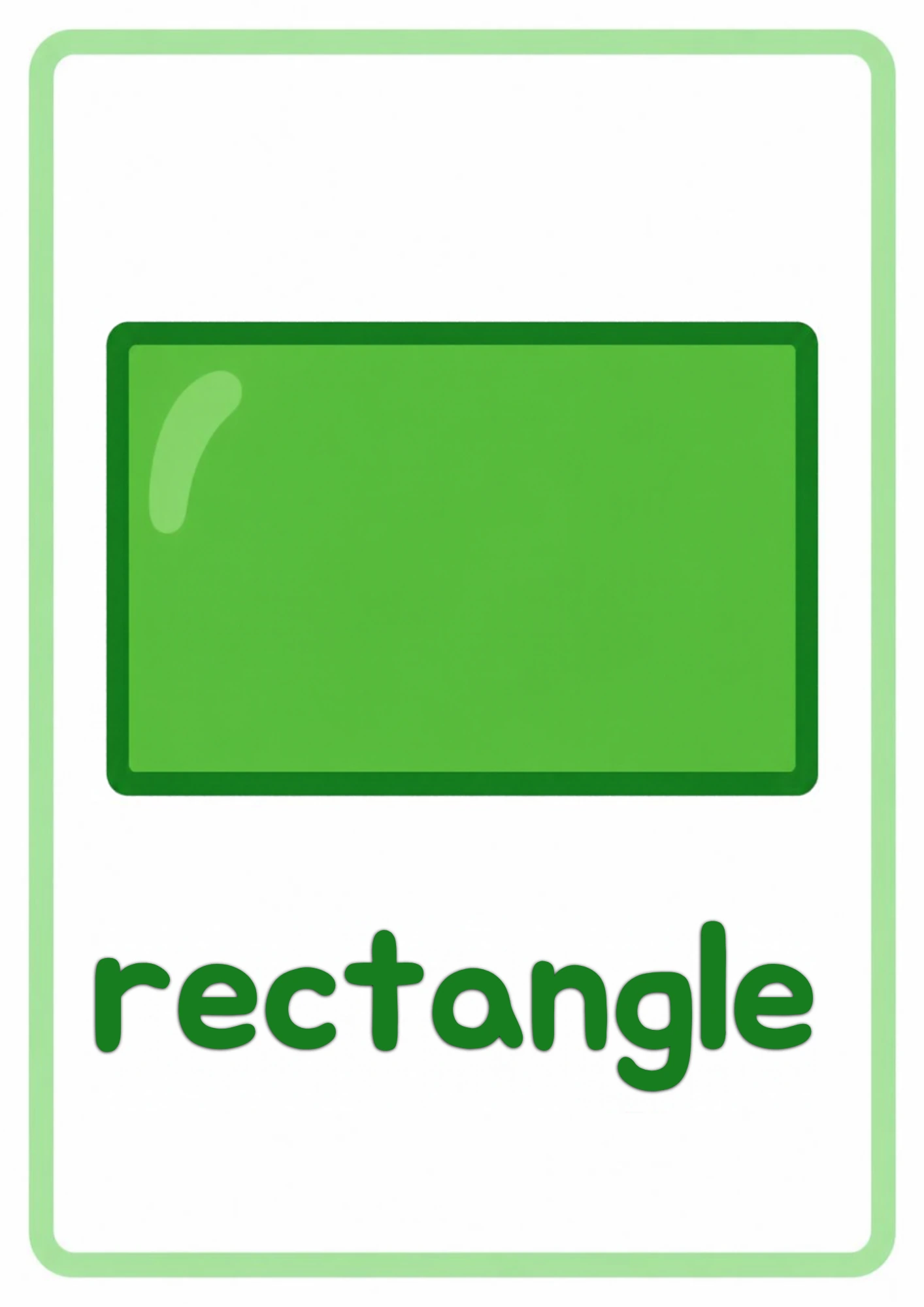 Shape flashcard for rectangle: one big green rectangle, stretched long, with the word rectangle, from the Kiddo School shapes set