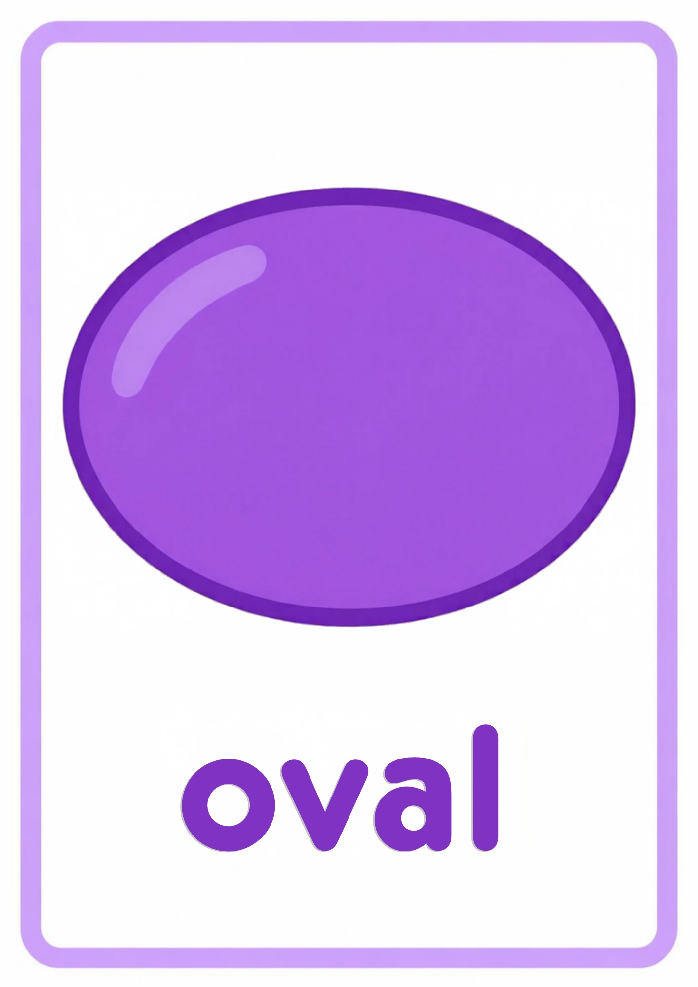 Shape flashcard for oval: one big purple oval, stretched like a balloon, with the word oval, from the Kiddo School shapes set