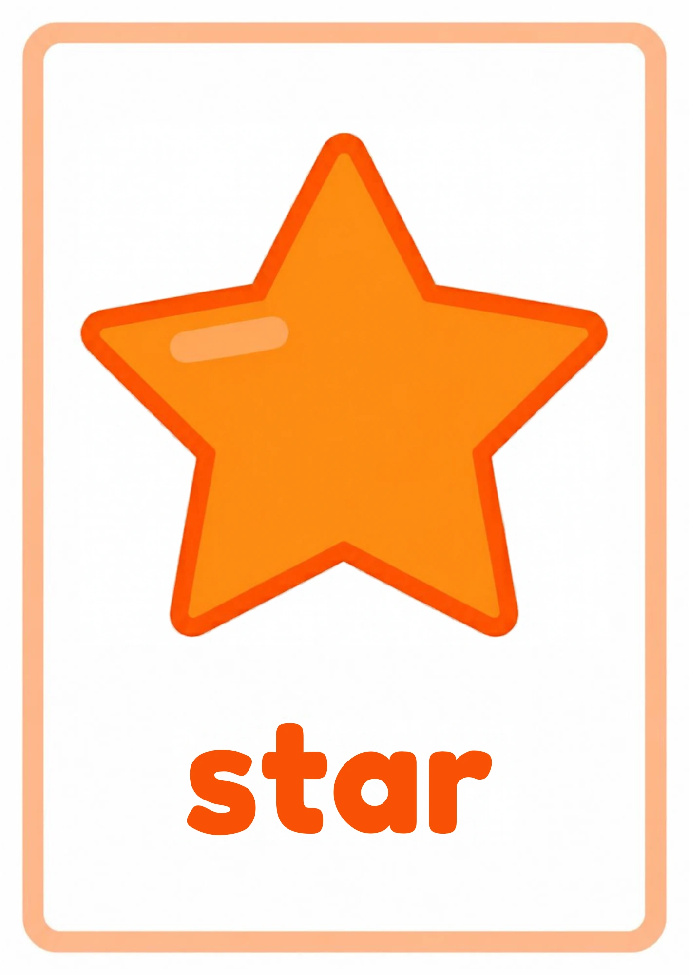 Shape flashcard for star: one big yellow star with five points and the word star, from the Kiddo School shapes set