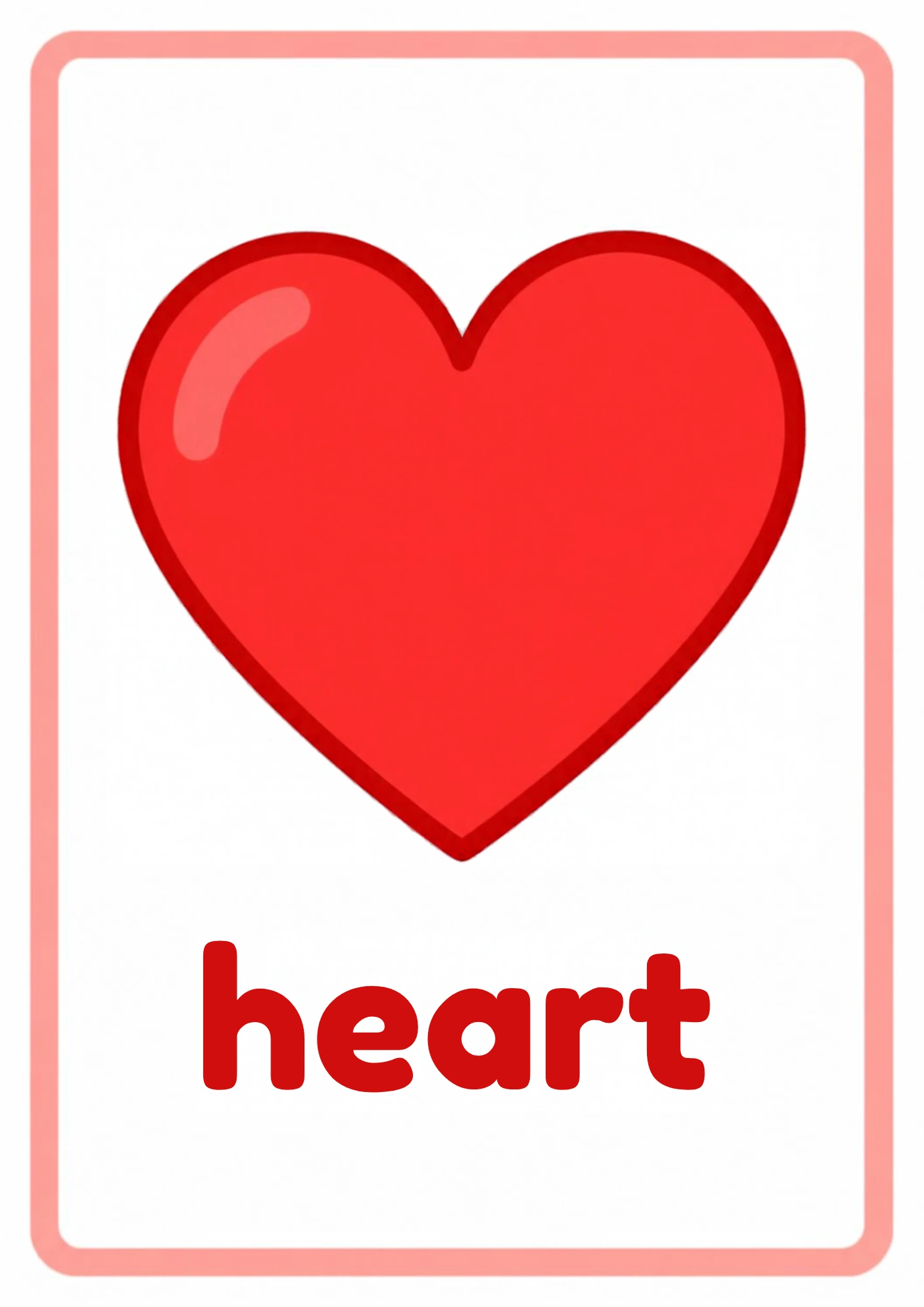 Shape flashcard for heart: one big red heart with a shiny highlight and the word heart, from the Kiddo School shapes set