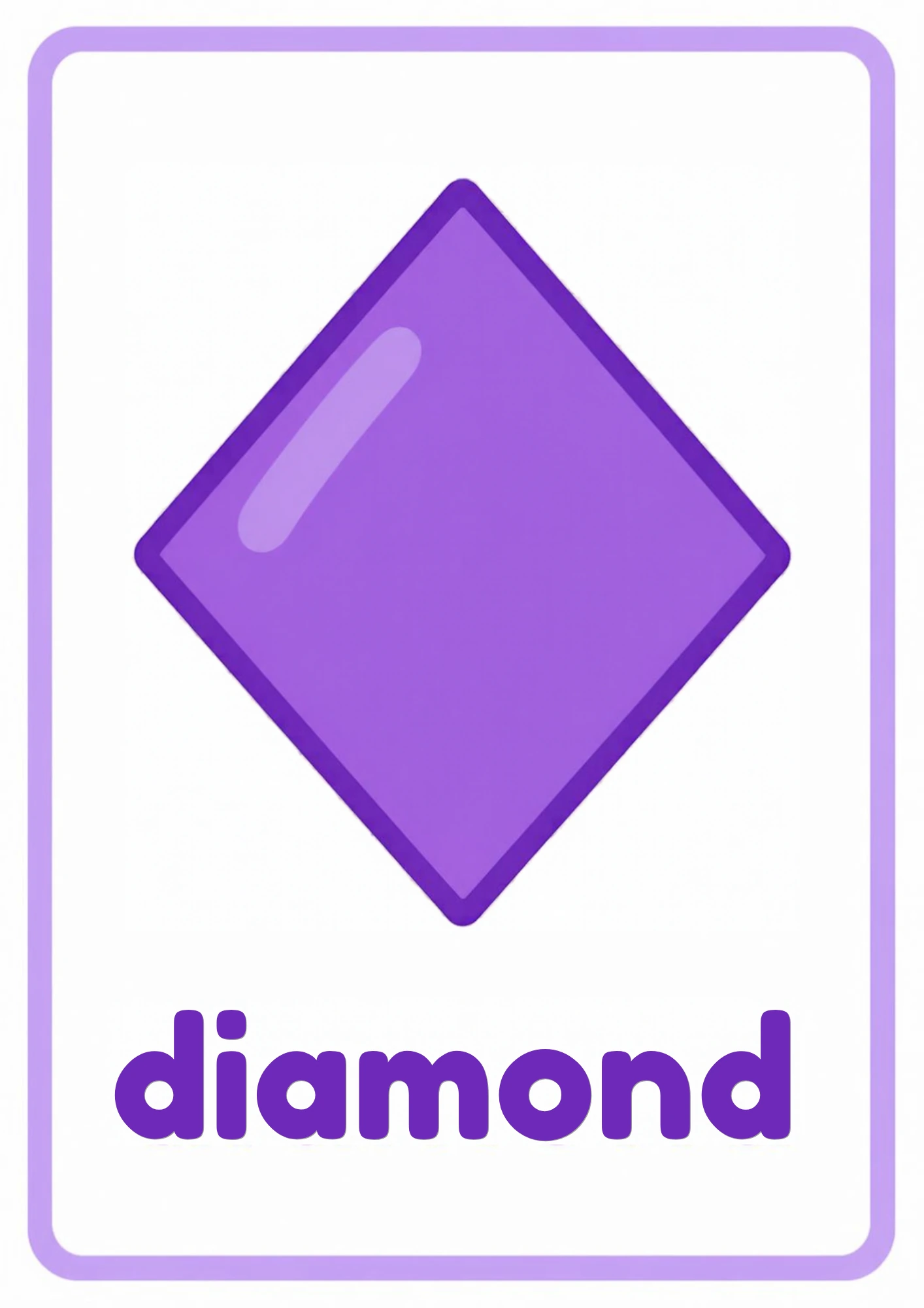 Shape flashcard for diamond: one big purple diamond standing on its point with the word diamond, from the Kiddo School shapes set