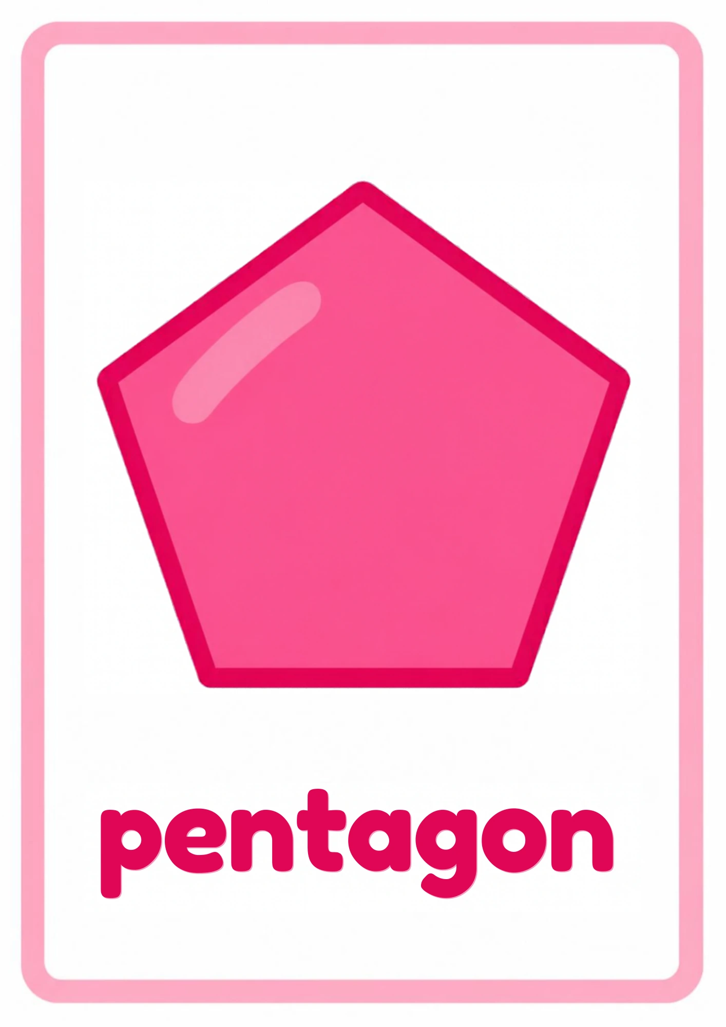 Shape flashcard for pentagon: one big pink pentagon with five straight sides and the word pentagon, from the Kiddo School shapes set