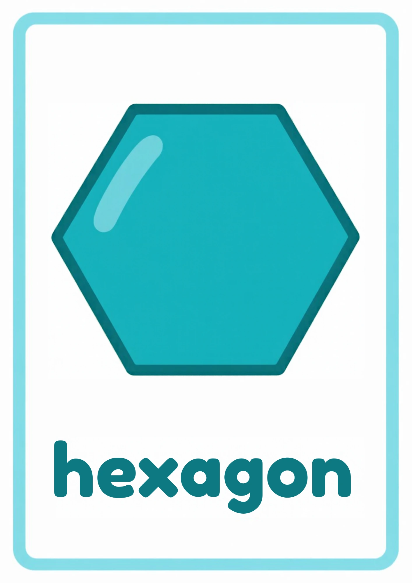 Shape flashcard for hexagon: one big teal hexagon with six straight sides and the word hexagon, from the Kiddo School shapes set