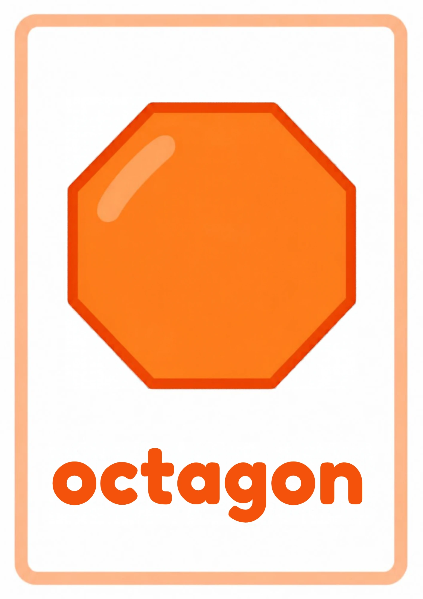 Shape flashcard for octagon: one big orange octagon with eight straight sides and the word octagon, from the Kiddo School shapes set