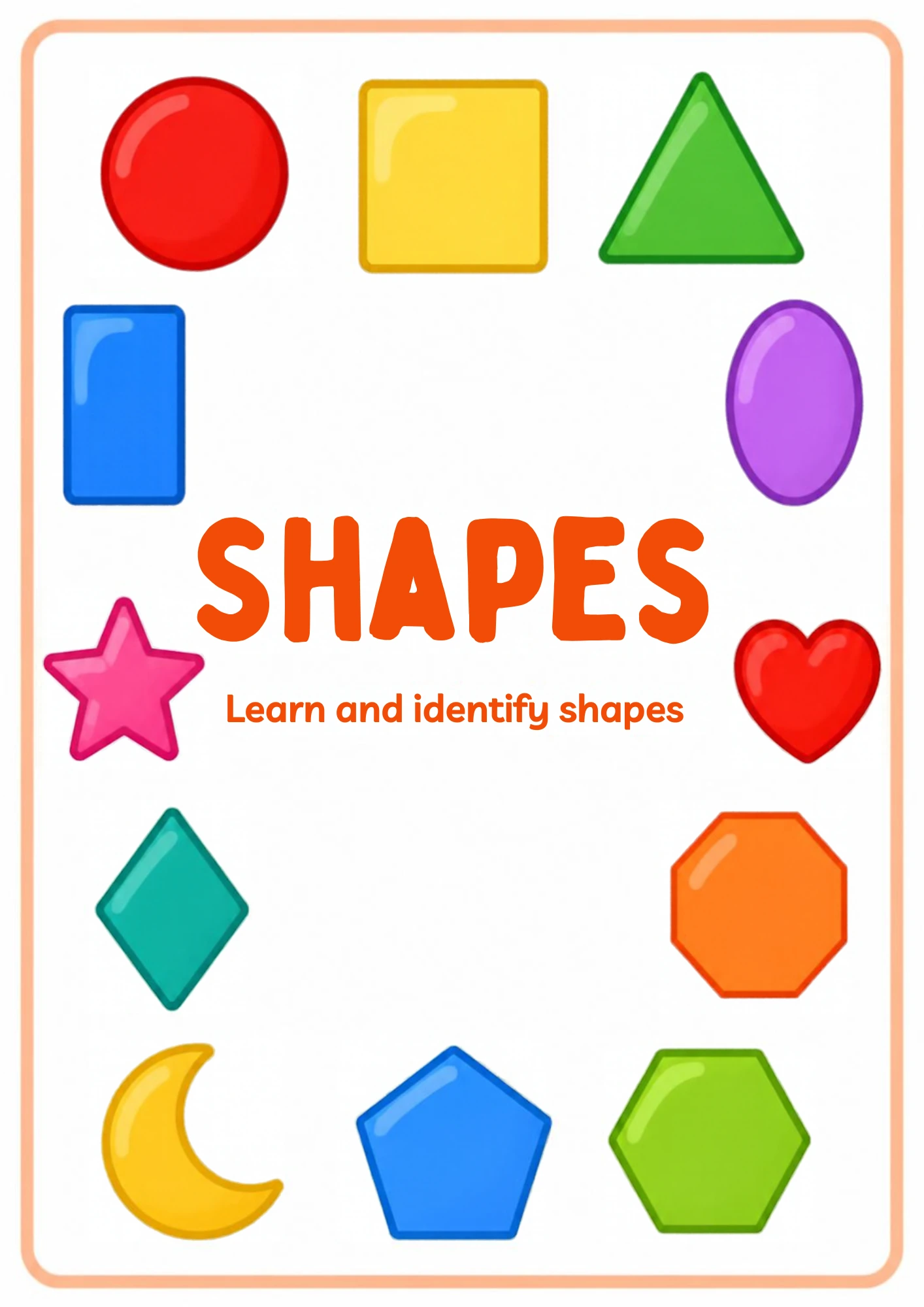 The Shapes flashcard set cover — twelve smiling colored shapes around the words Shapes: learn and identify shapes