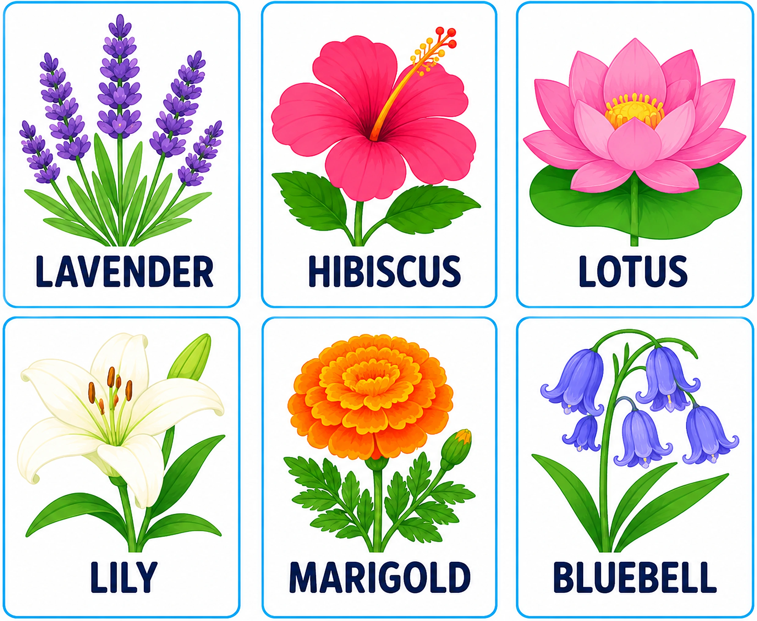 Garden Flowers flashcards set cover: a preview sheet of six flower cards — lavender, hibiscus, lotus, lily, marigold and bluebell — from Kiddo School