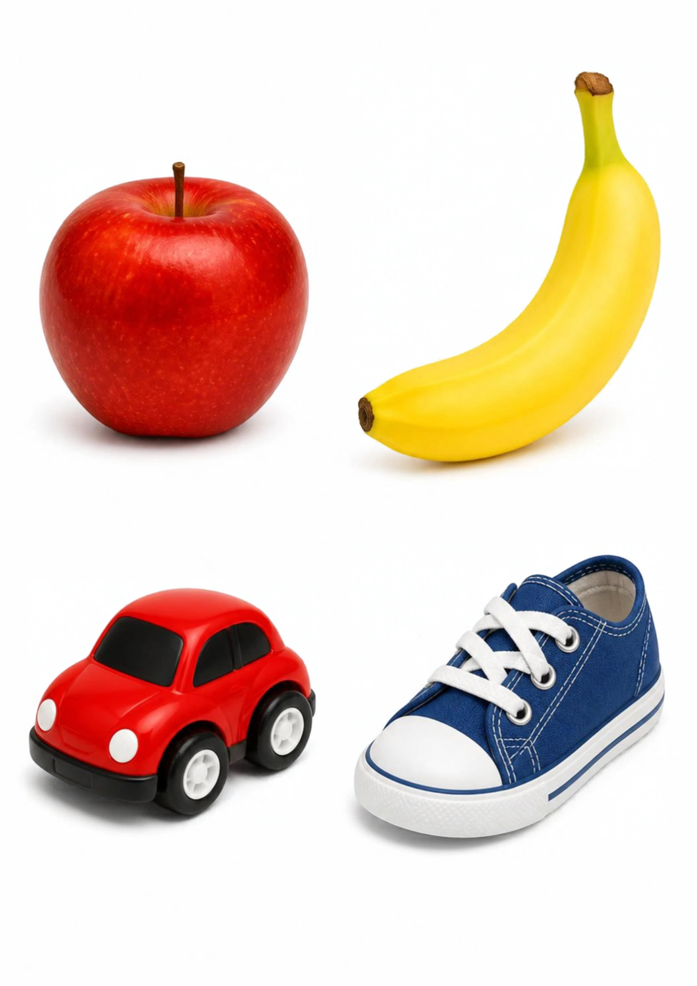 Apple, banana, car and shoe for a toddler grouping activity