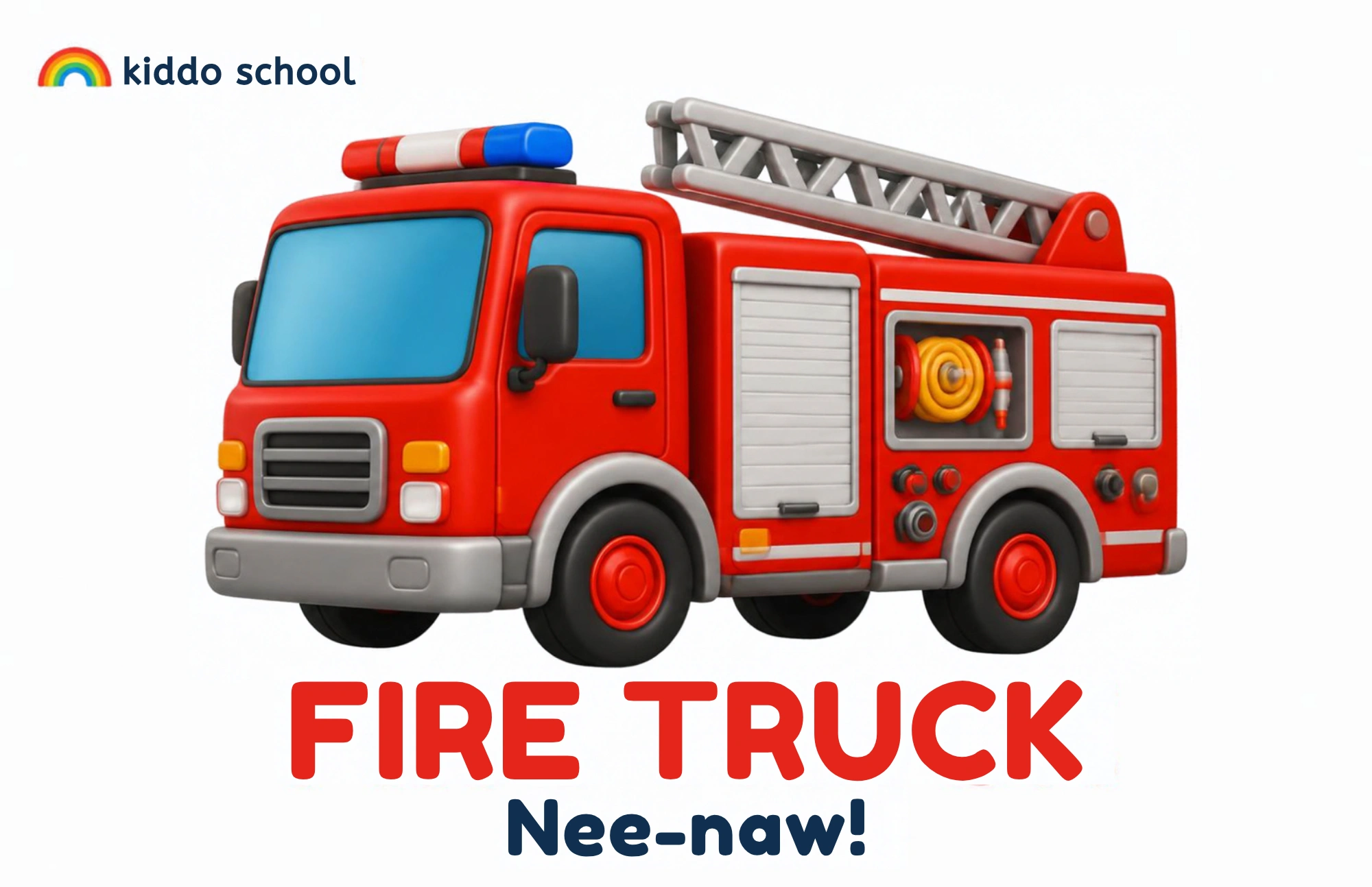 Cartoon fire truck learning card labeled Fire Truck with Nee-naw