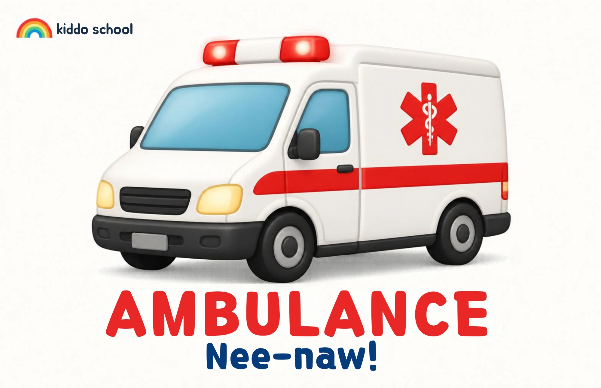 Cartoon ambulance learning card labeled Ambulance with Nee-naw