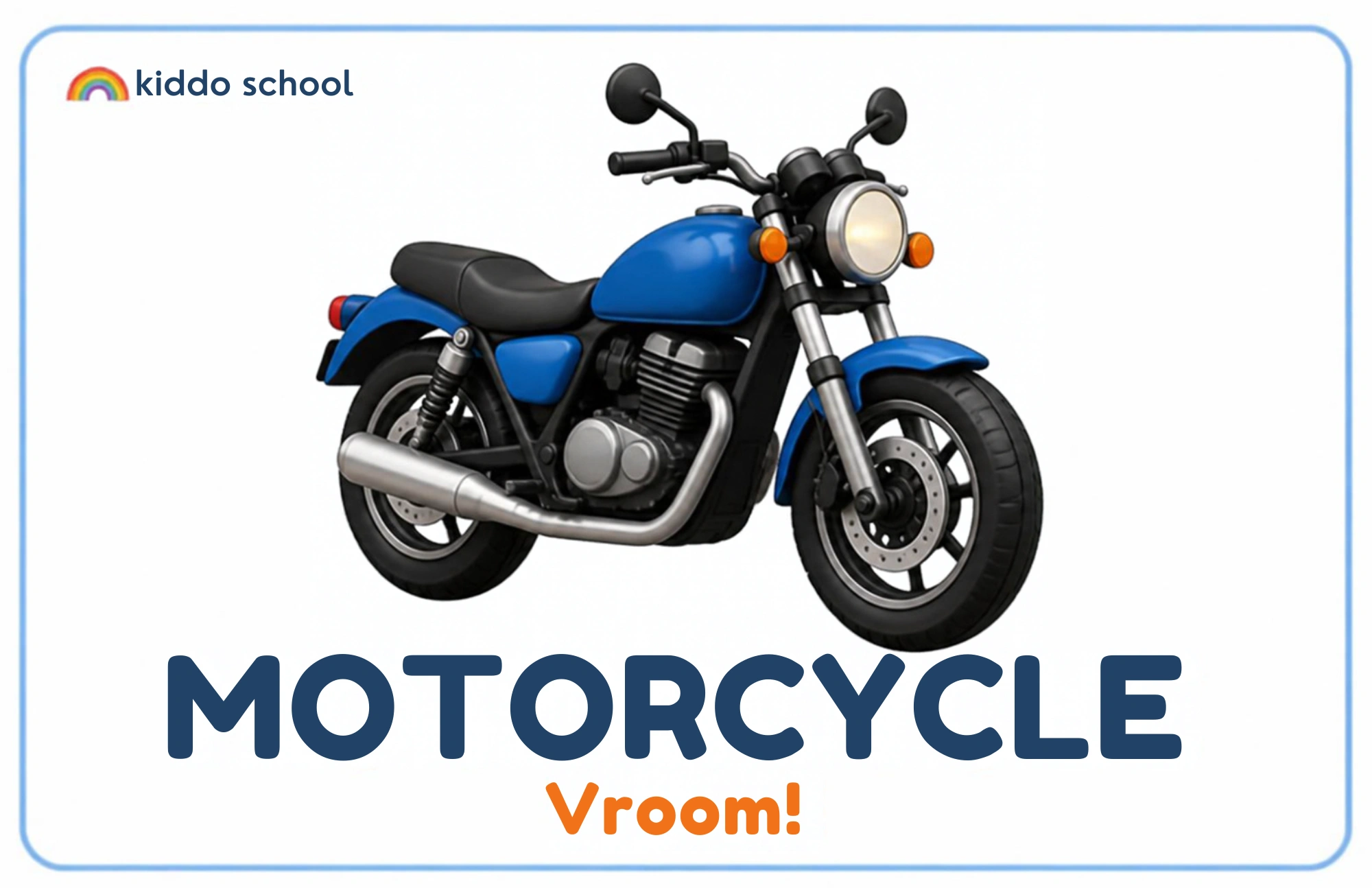 Cartoon motorcycle learning card labeled Motorcycle with Vroom