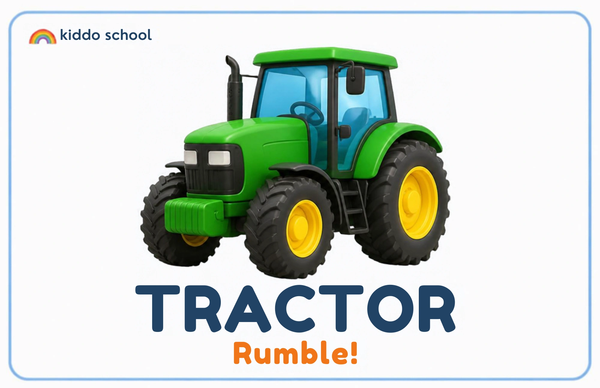 Cartoon tractor learning card labeled Tractor with Rumble