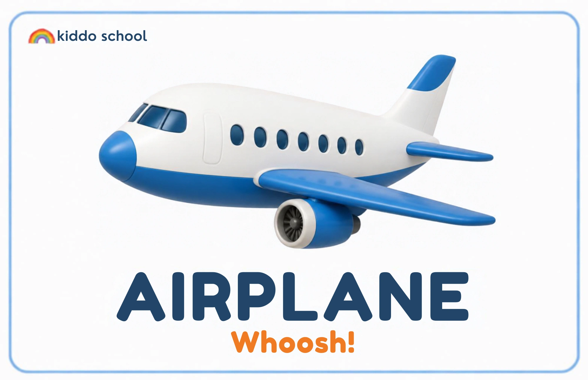 Cartoon airplane learning card labeled Airplane with Whoosh