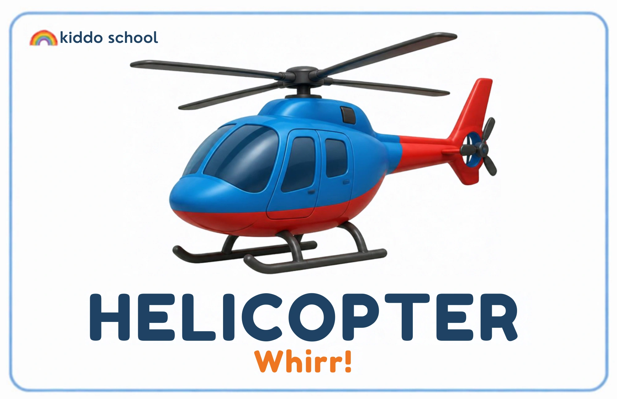 Cartoon helicopter learning card labeled Helicopter with Whirr