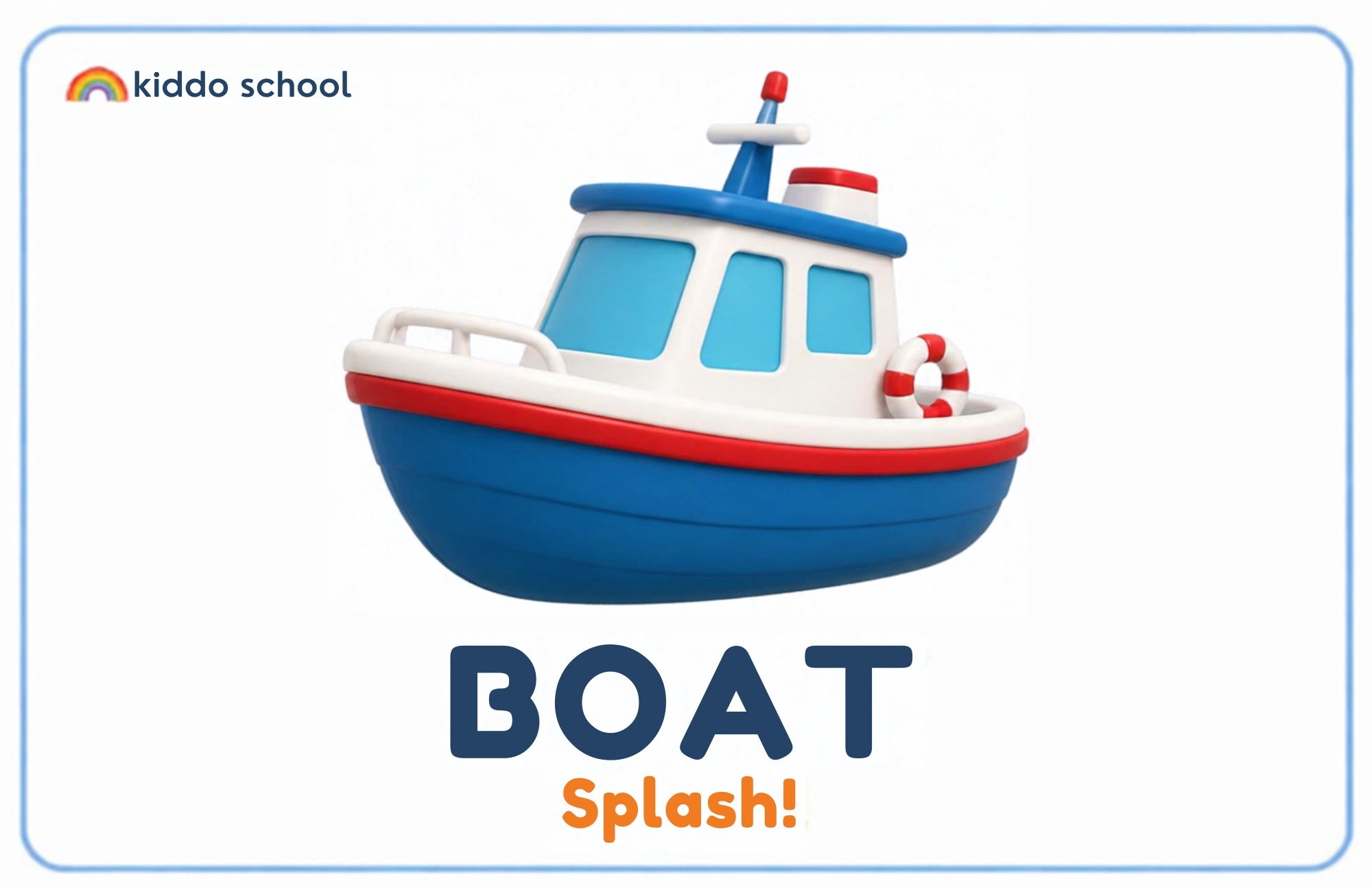 Cartoon boat learning card labeled Boat with Splash