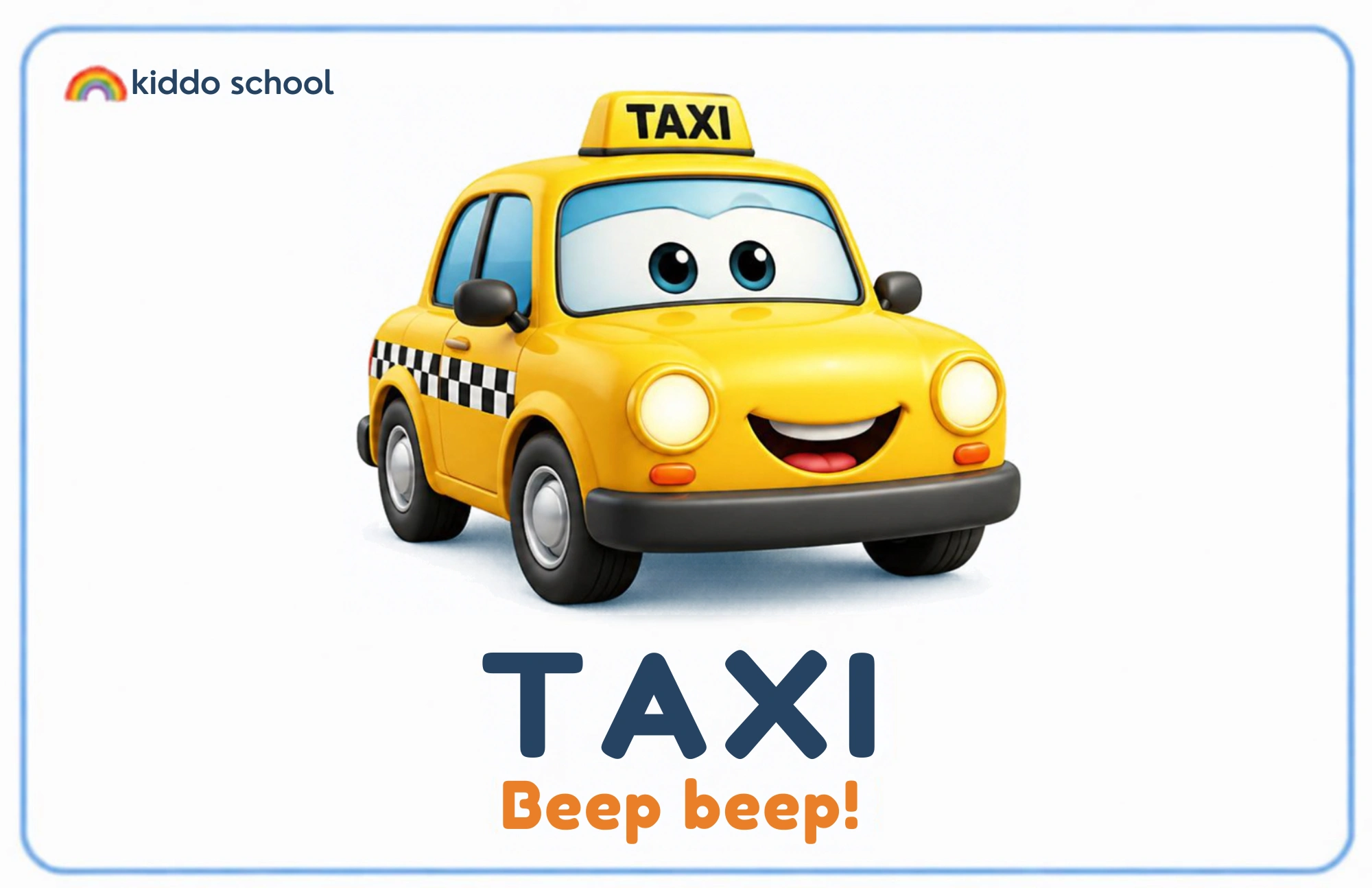 Cartoon taxi learning card labeled Taxi with Beep beep
