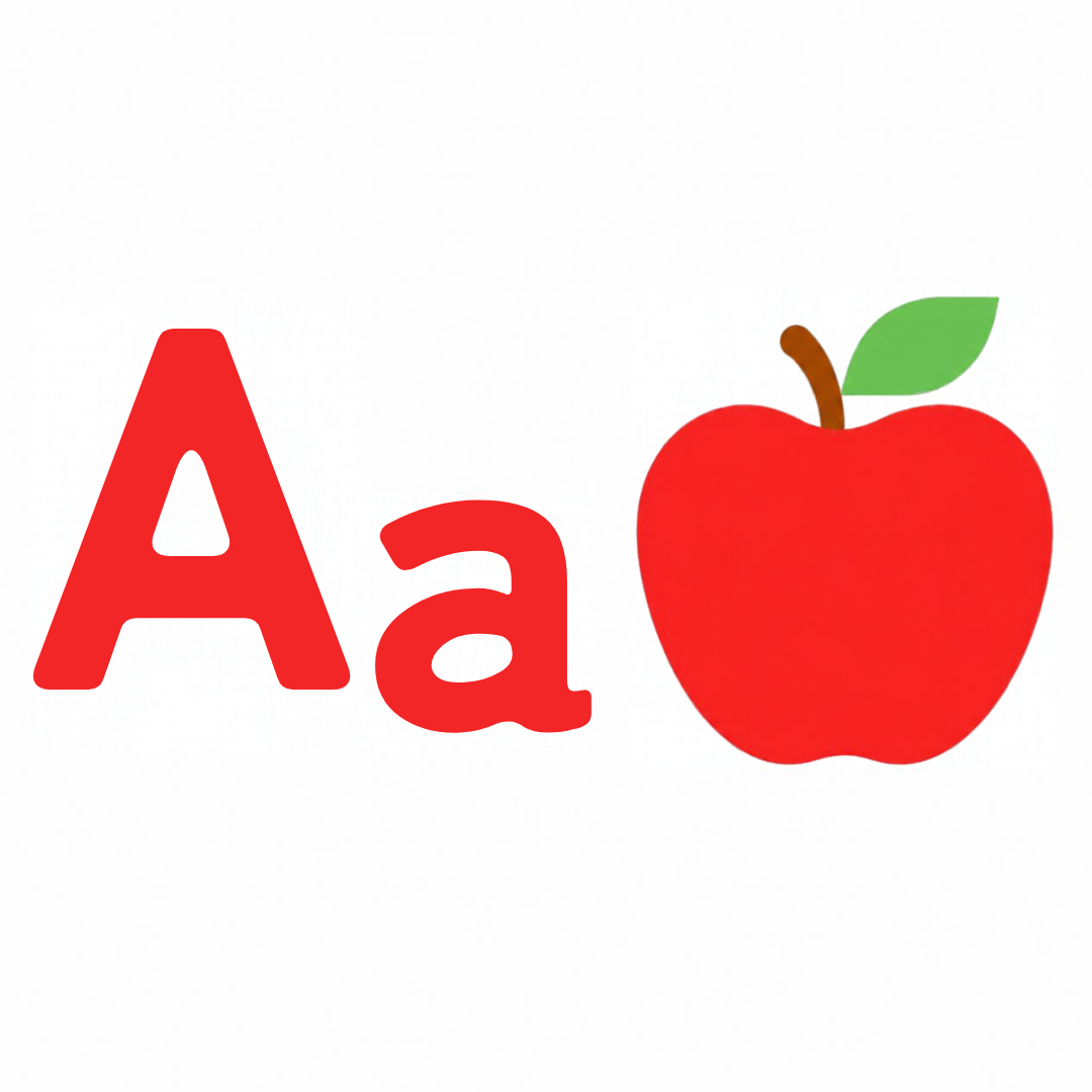 Big letter, little letter and the sound picture together, Aa apple to Zz zebra.