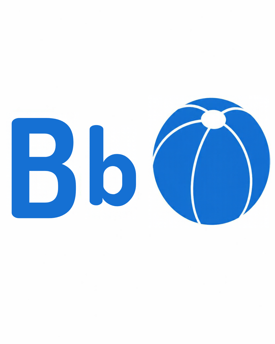 Letter sound card for B: big B, little b and the ball together on a white card, from the Kiddo School alphabet