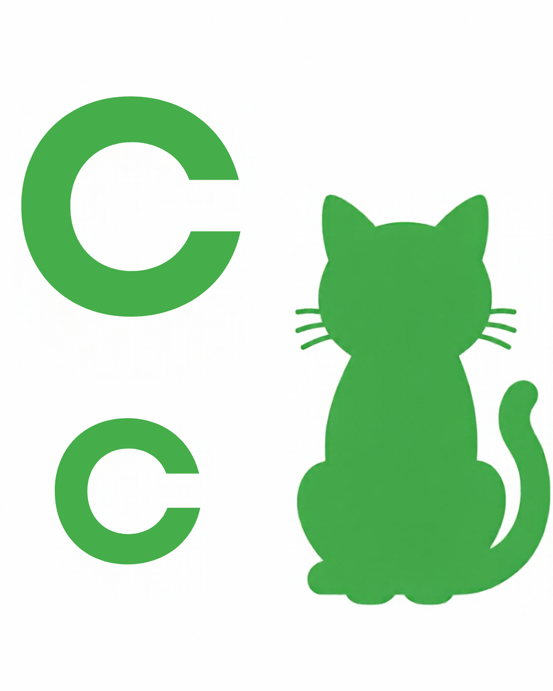 Letter sound card for C: big C, little c and the cat together on a white card, from the Kiddo School alphabet