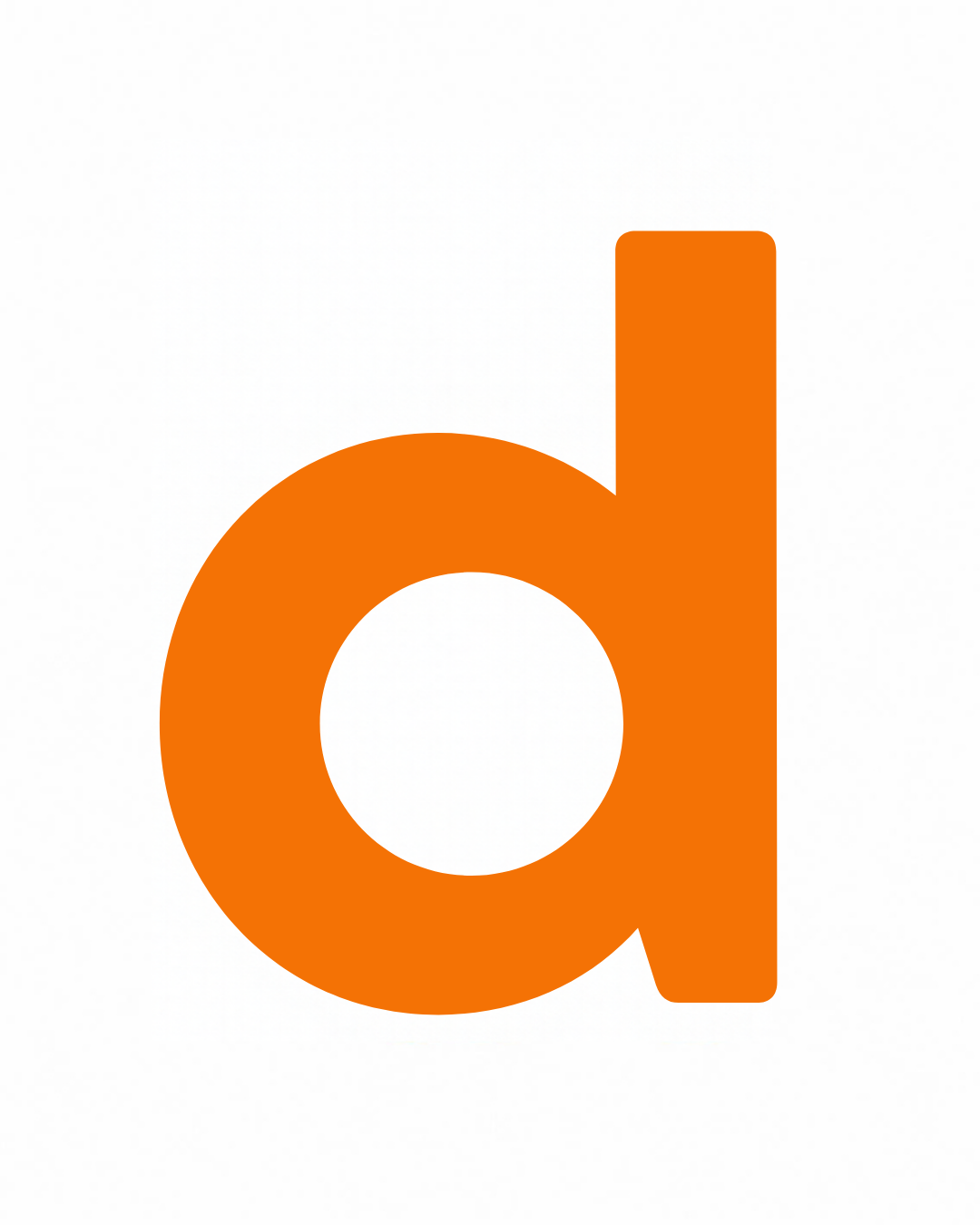 Lowercase letter card: the little letter d in its own colour on a white card, from the Kiddo School alphabet