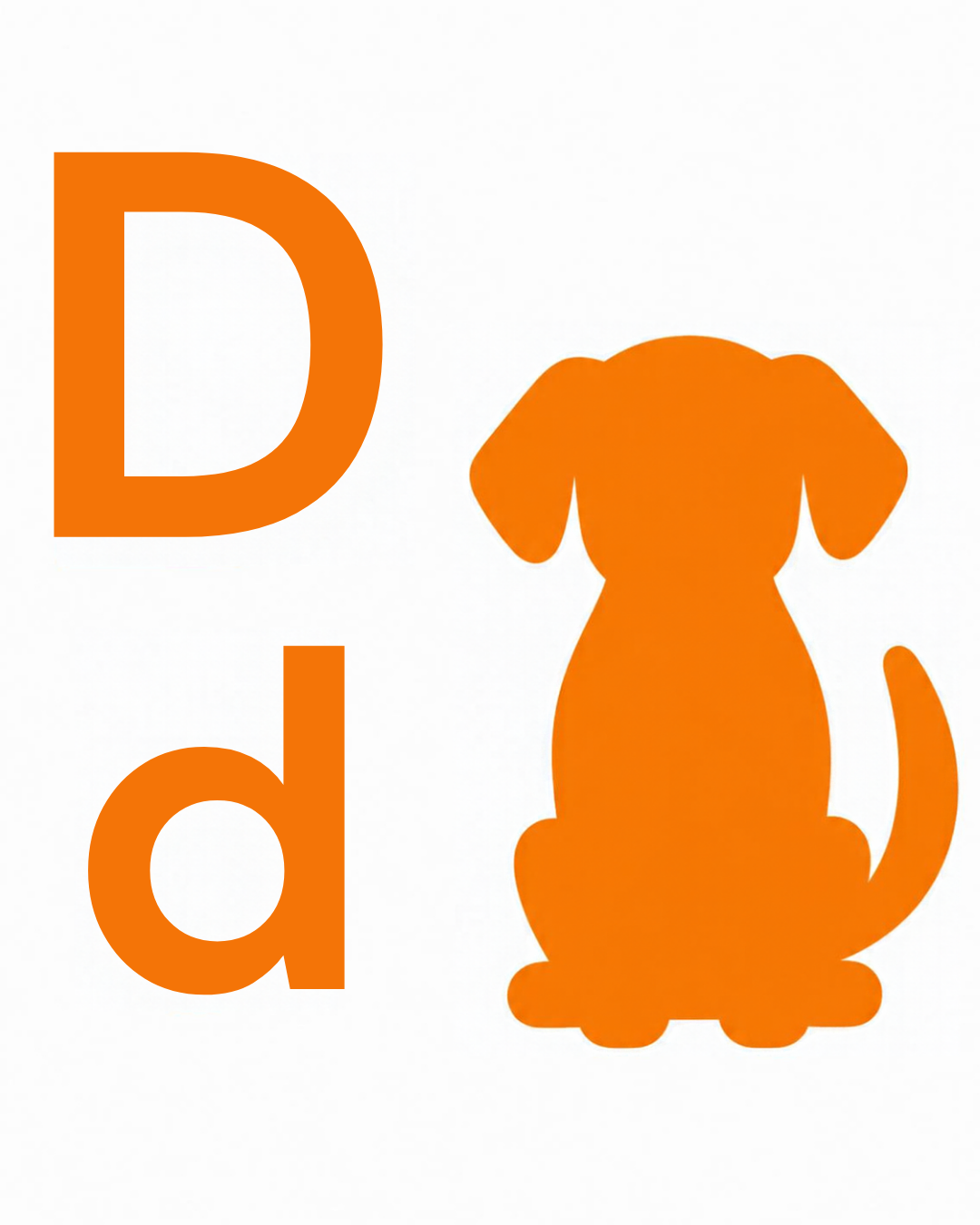 Letter sound card for D: big D, little d and the dog together on a white card, from the Kiddo School alphabet