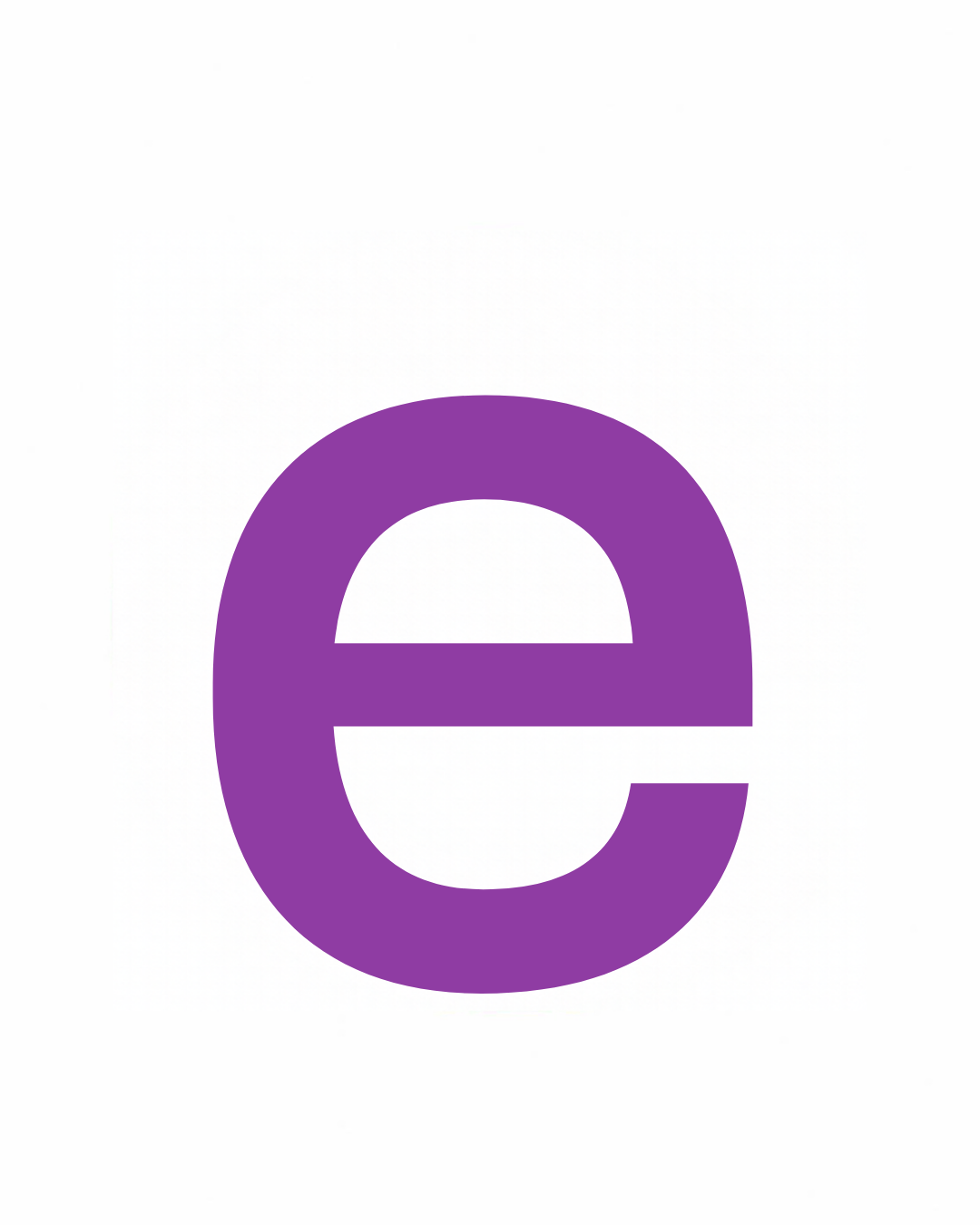 Lowercase letter card: the little letter e in its own colour on a white card, from the Kiddo School alphabet