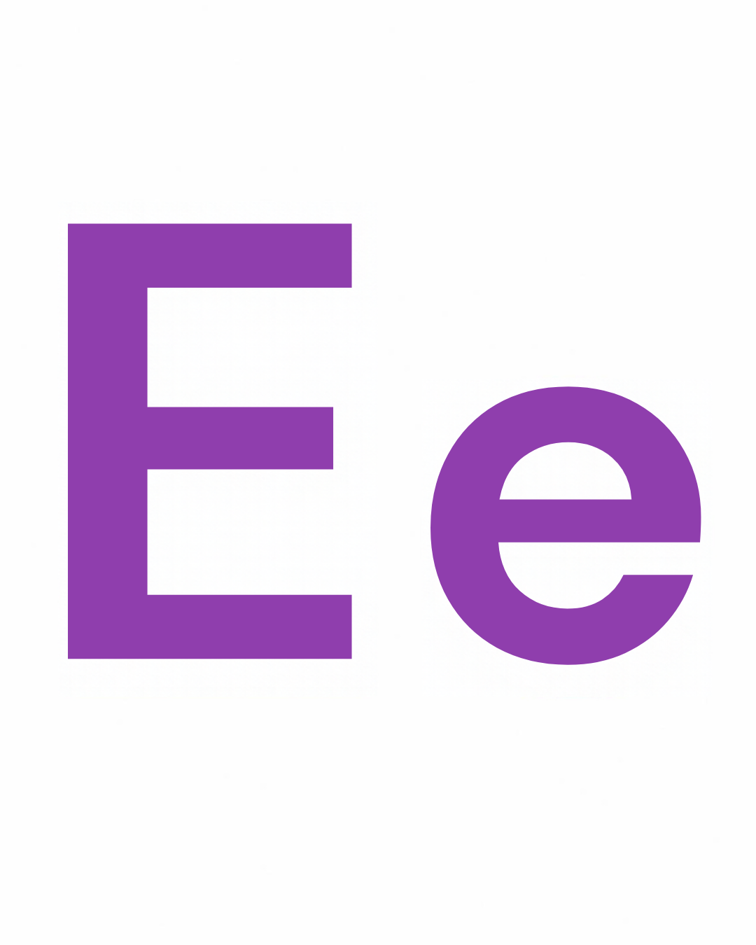 Big and little letter card: E and e together on a white card, from the Kiddo School alphabet