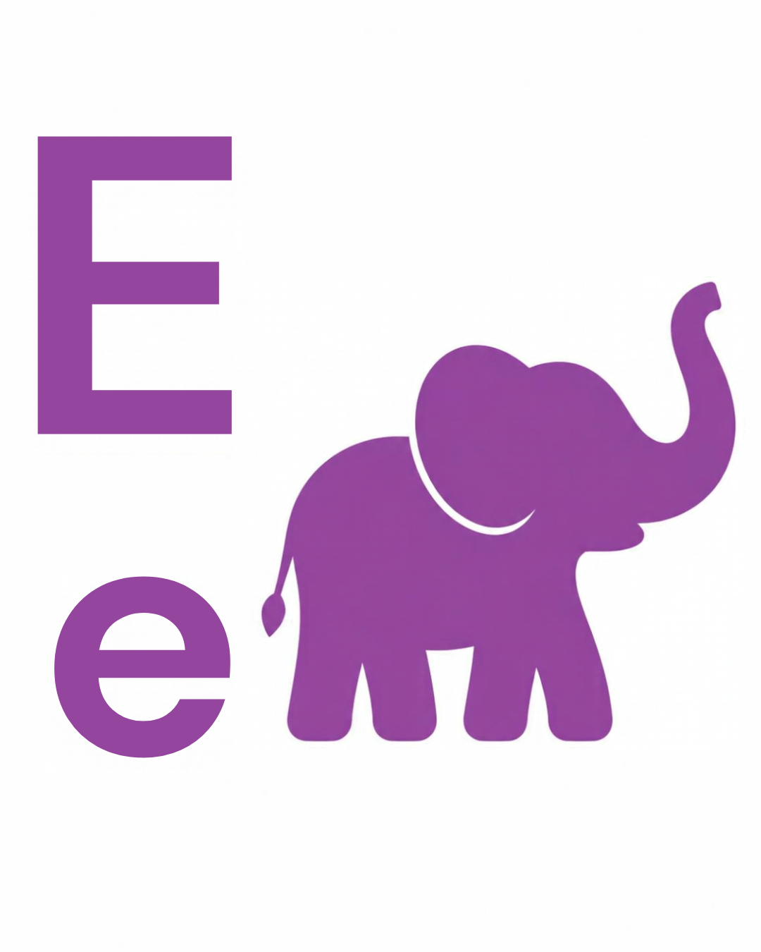 Letter sound card for E: big E, little e and the elephant together on a white card, from the Kiddo School alphabet