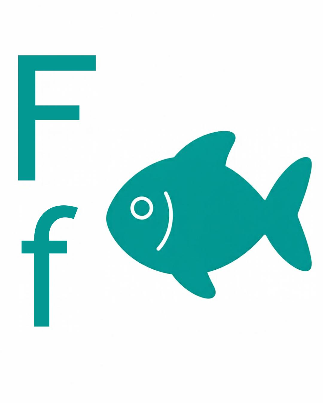 Object card for the letter F: the fish as a bold flat-colour picture on a white card, from the Kiddo School alphabet
