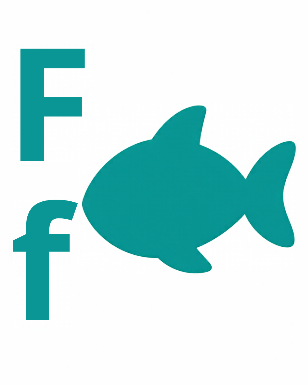 Letter and picture association card: F f with the letters F f beside a teal fish