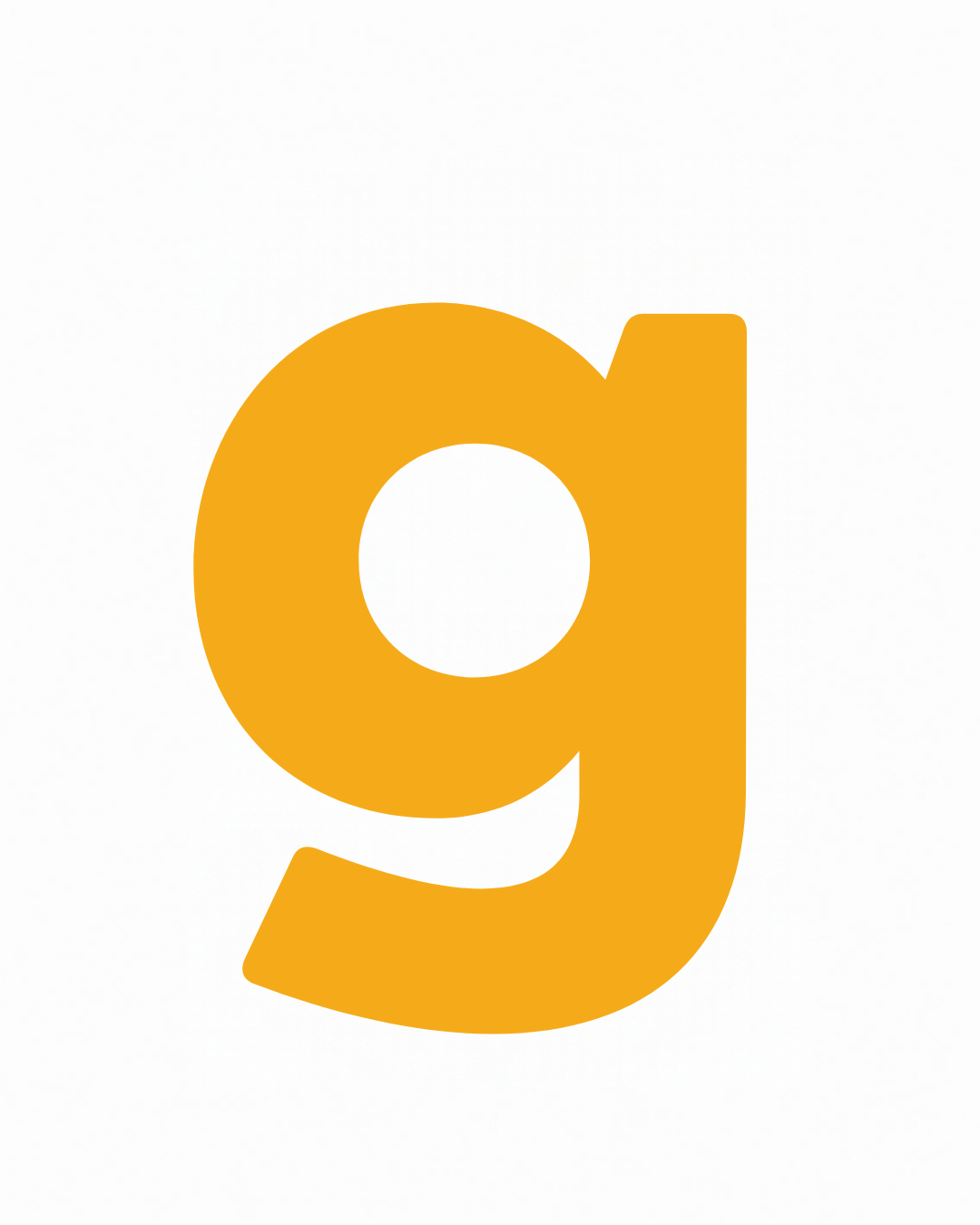 Lowercase letter card: the little letter g in its own colour on a white card, from the Kiddo School alphabet