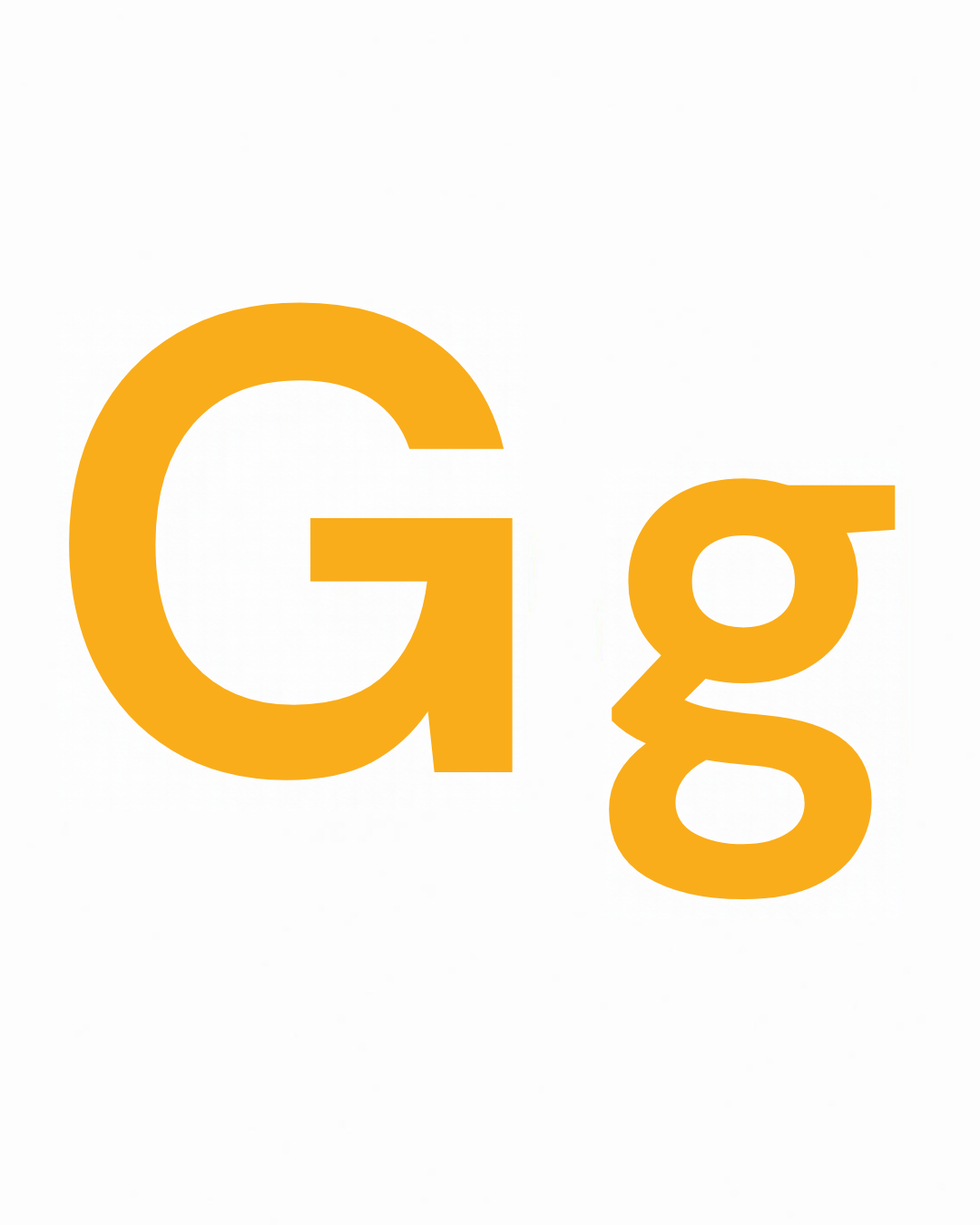 Big and little letter card: G and g together on a white card, from the Kiddo School alphabet