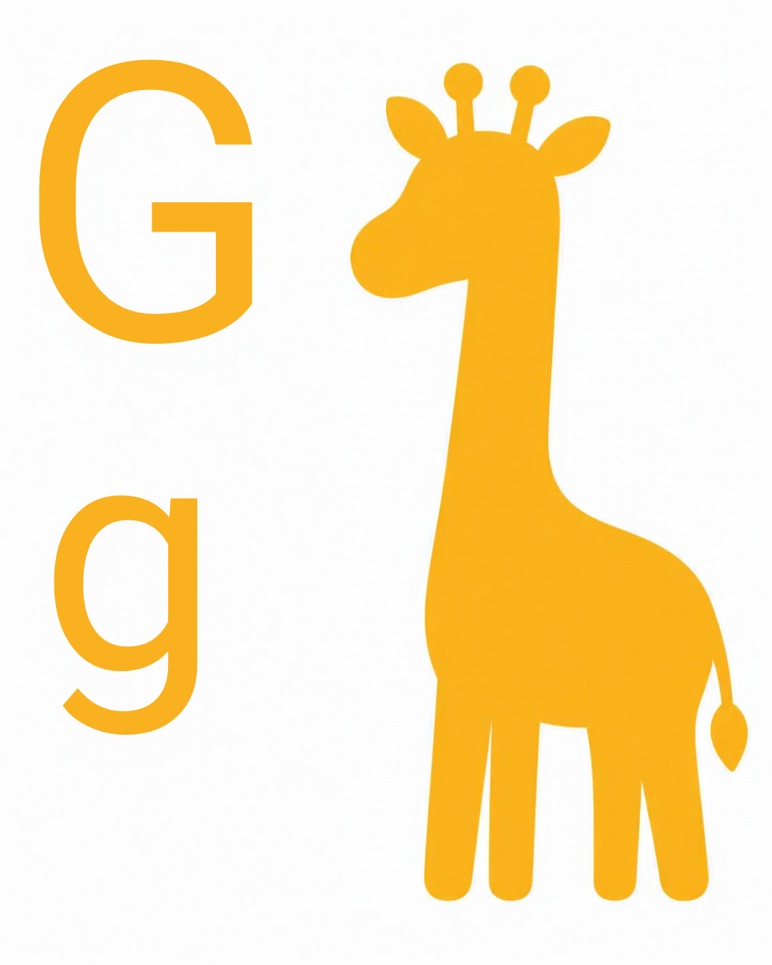 Letter sound card for G: big G, little g and the grapes together on a white card, from the Kiddo School alphabet