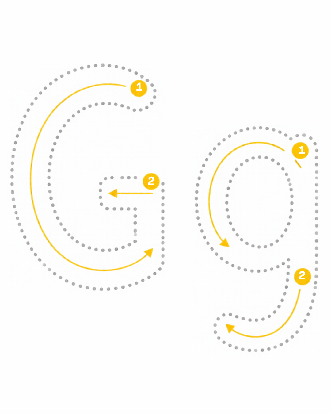Letter tracing card for G: dotted G and g with numbered stroke arrows, from the Kiddo School alphabet