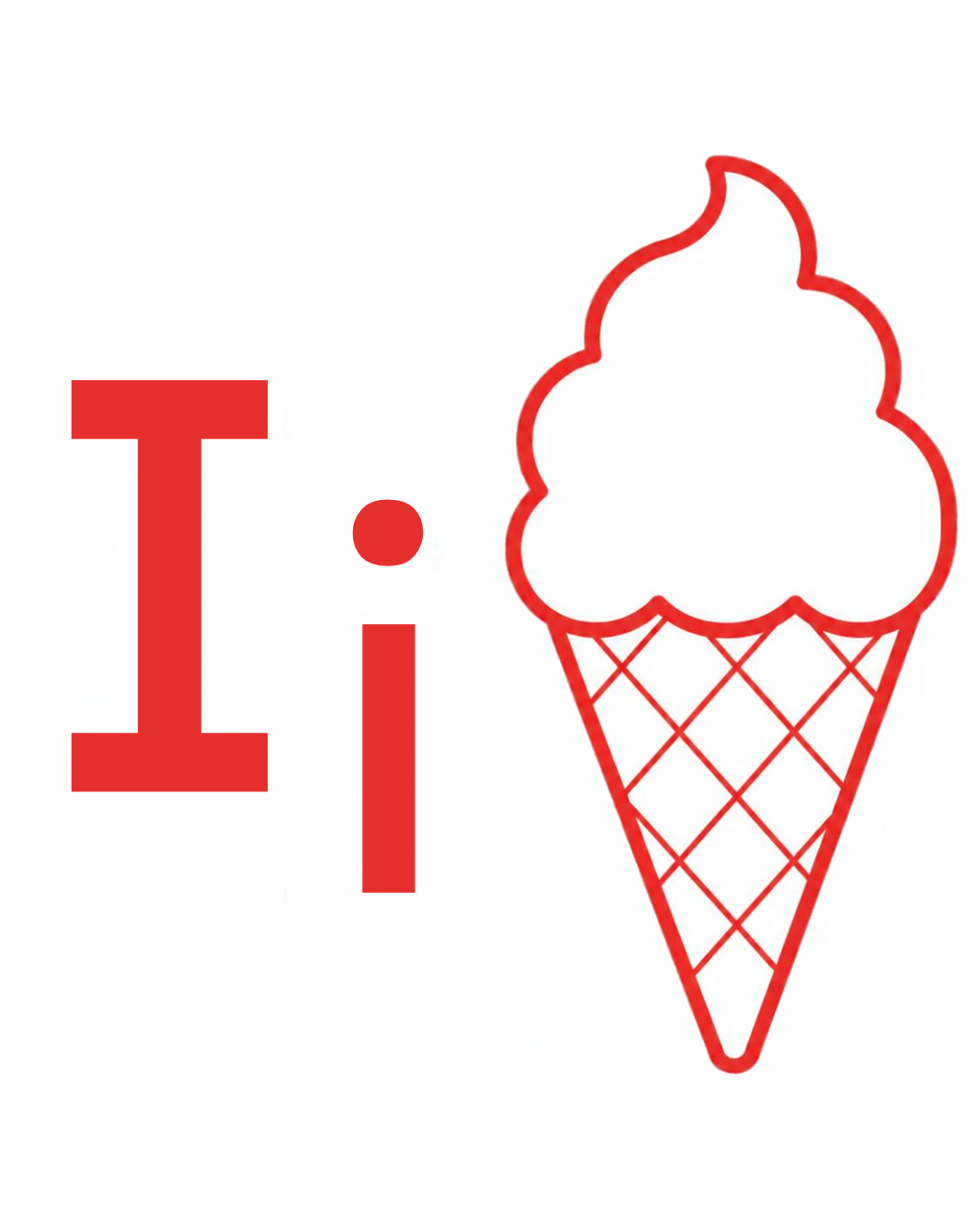 Letter sound card for I: big I, little i and the ice cream together on a white card, from the Kiddo School alphabet