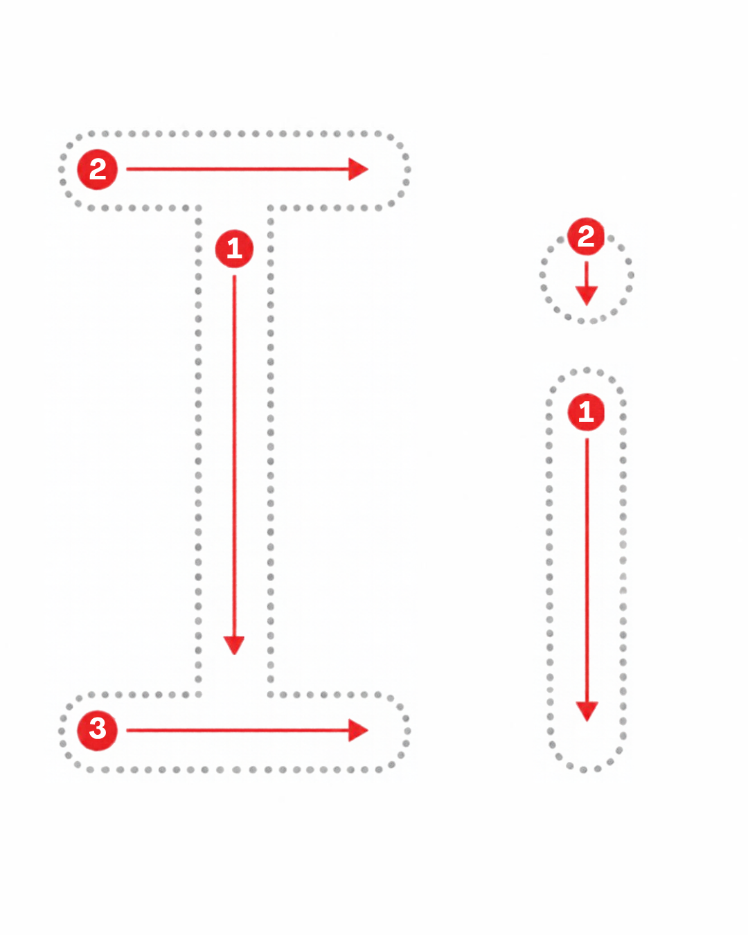 Letter tracing card for I: dotted I and i with numbered stroke arrows, from the Kiddo School alphabet
