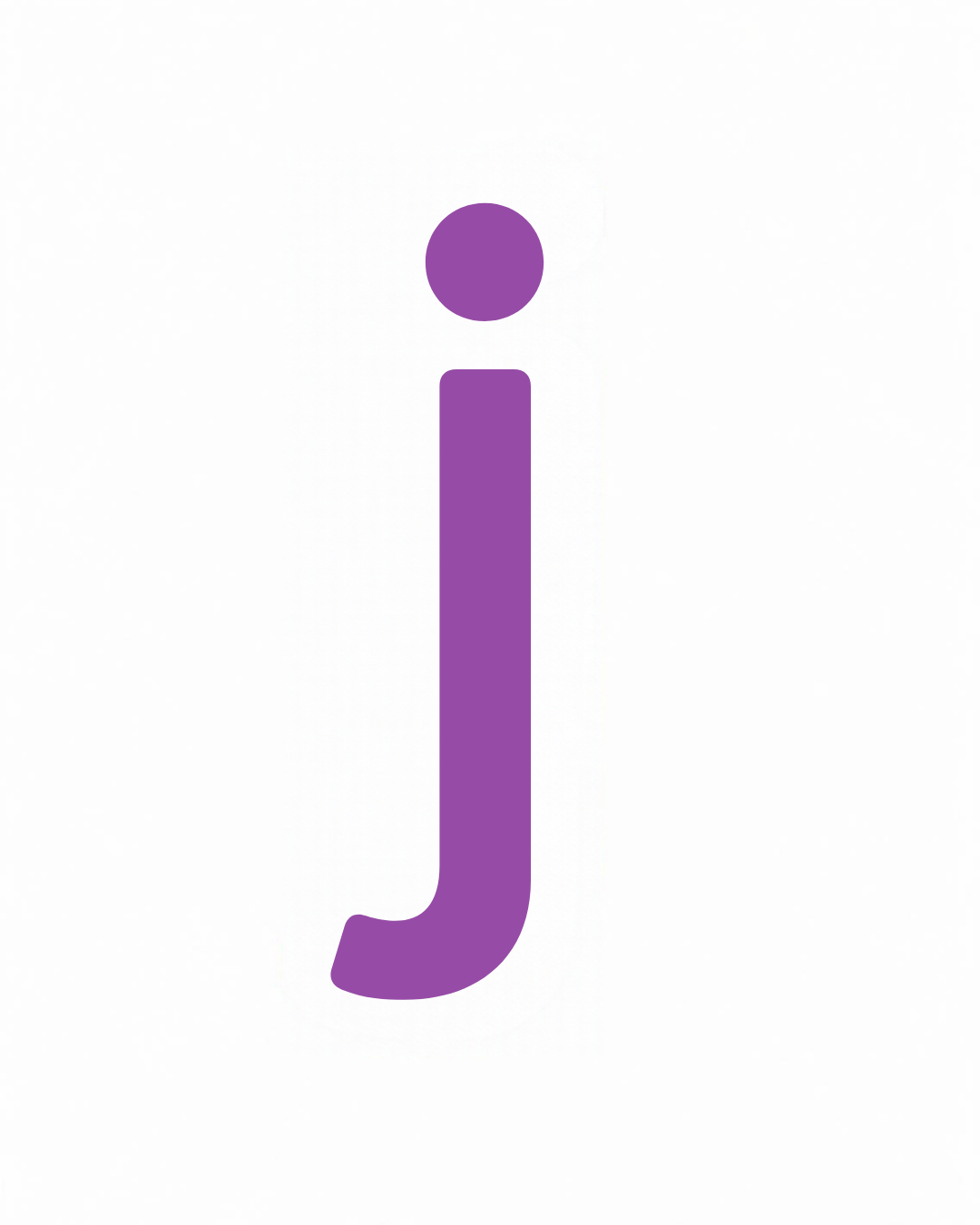 Lowercase letter card: the little letter j in its own colour on a white card, from the Kiddo School alphabet