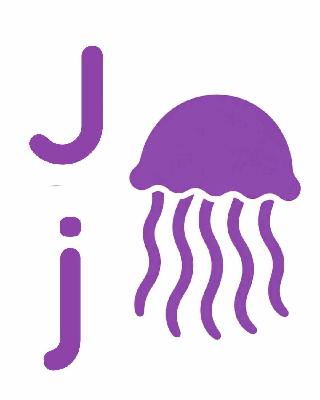 Letter and picture association card: J j with a purple jellyfish with long wavy arms