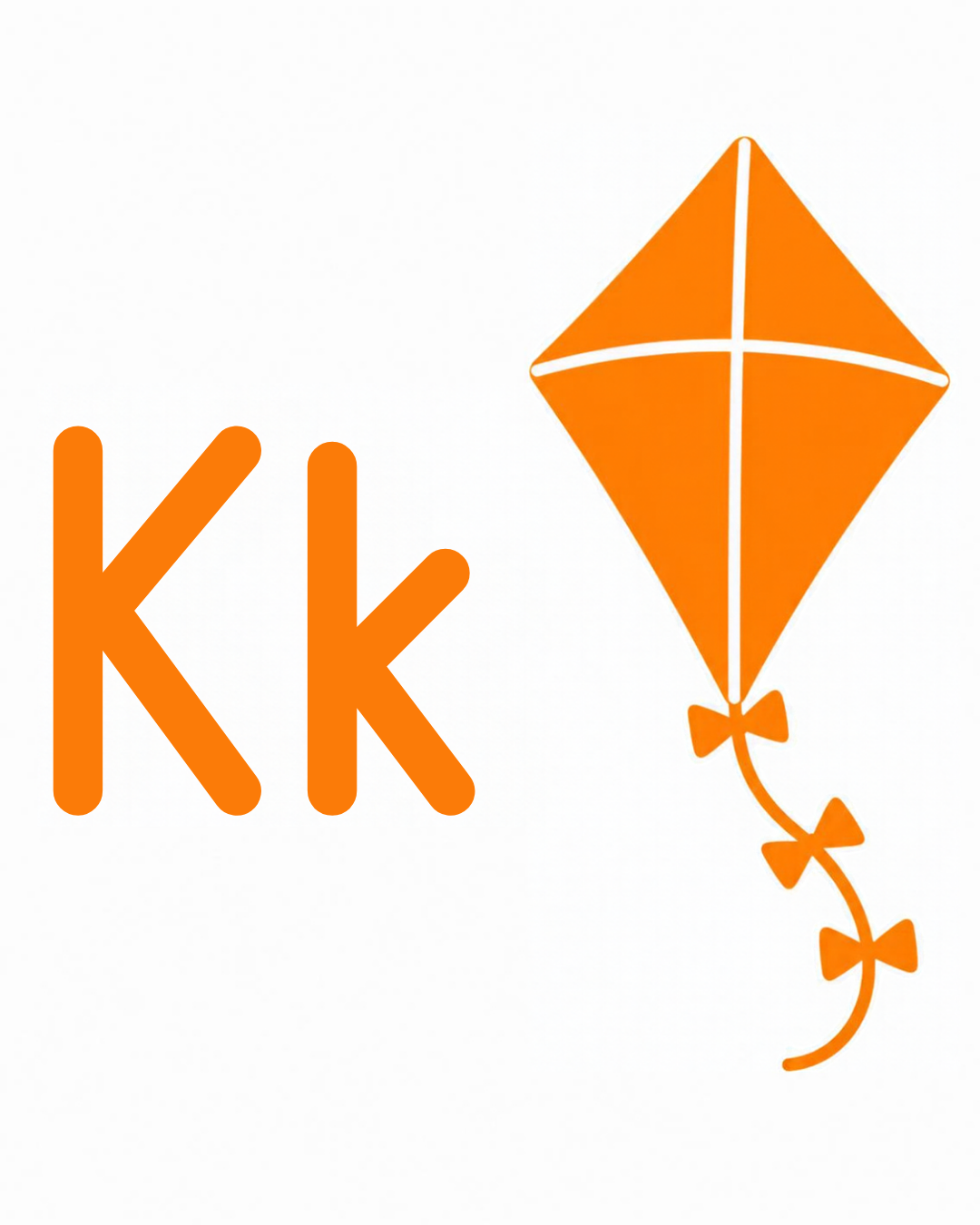 Letter and picture association card: K k with an orange kite with bows on its tail