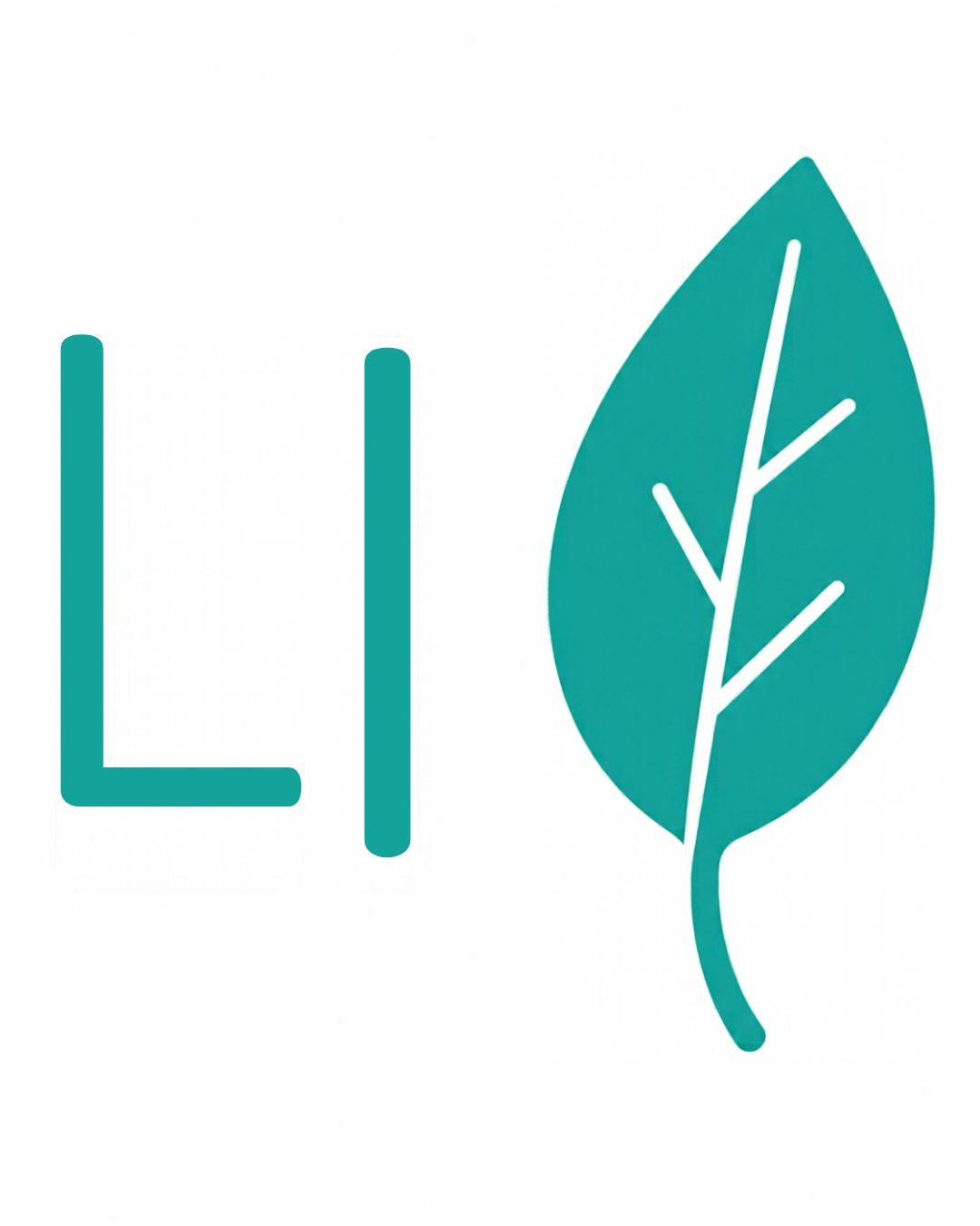 Letter and picture association card: L l with a teal leaf with white veins