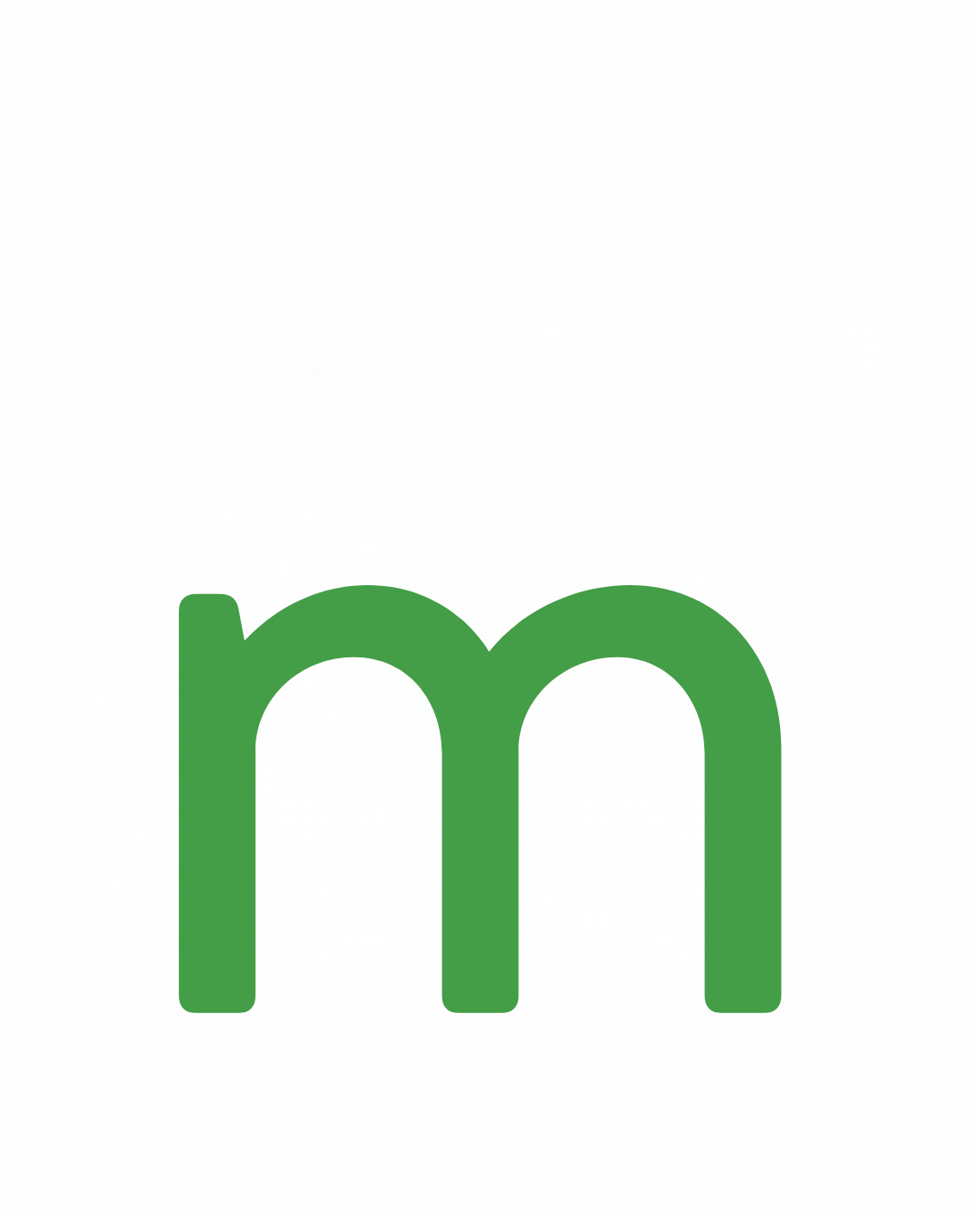Lowercase letter card: the little letter m in its own colour on a white card, from the Kiddo School alphabet
