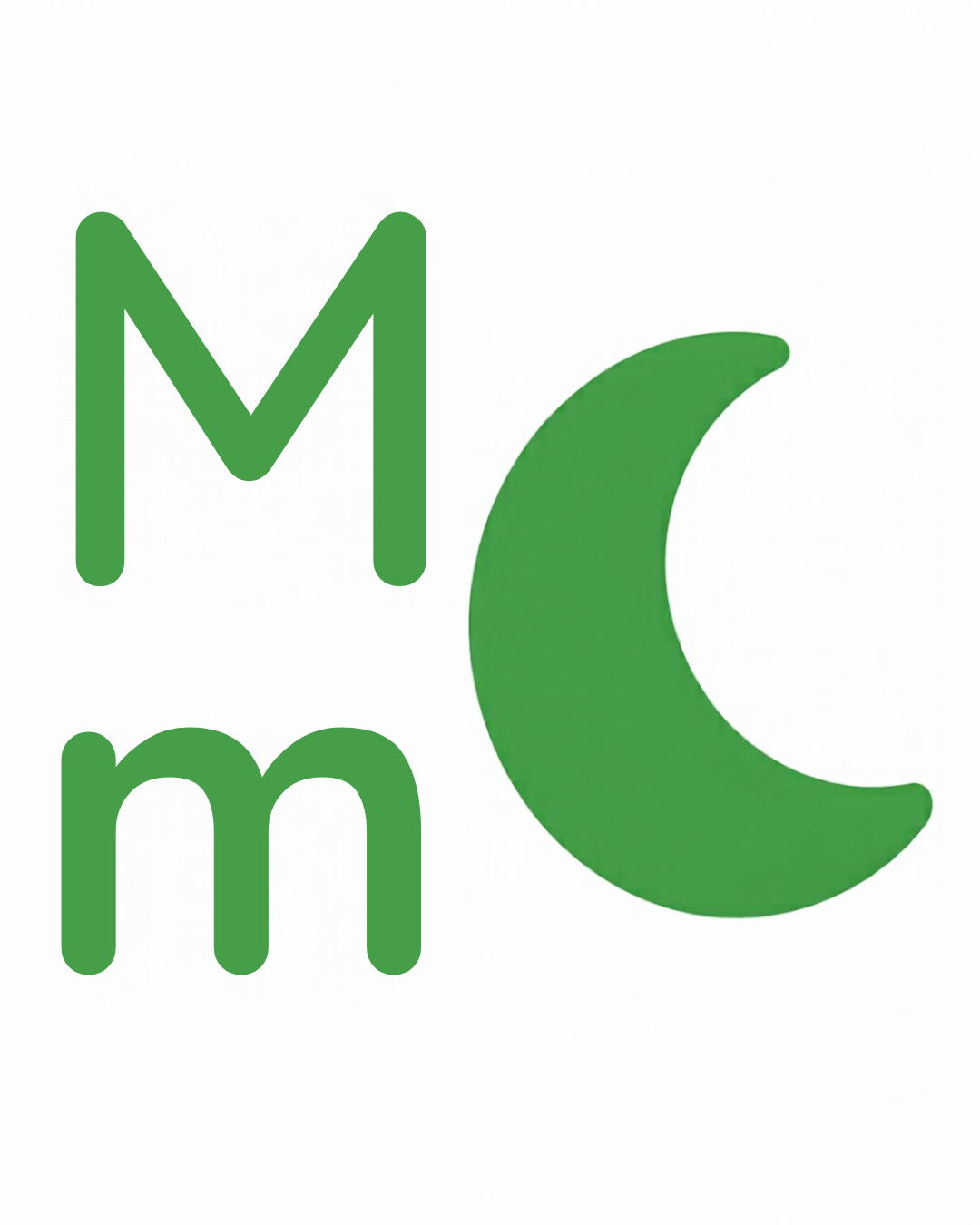 Letter sound card for M: big M, little m and the moon together on a white card, from the Kiddo School alphabet