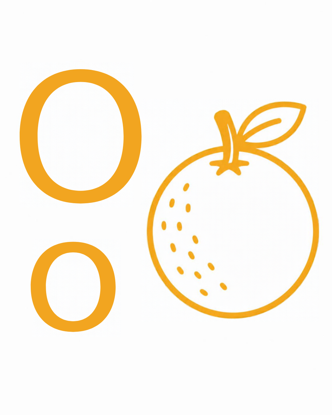 Letter and picture association card: O o with an orange fruit with a green leaf