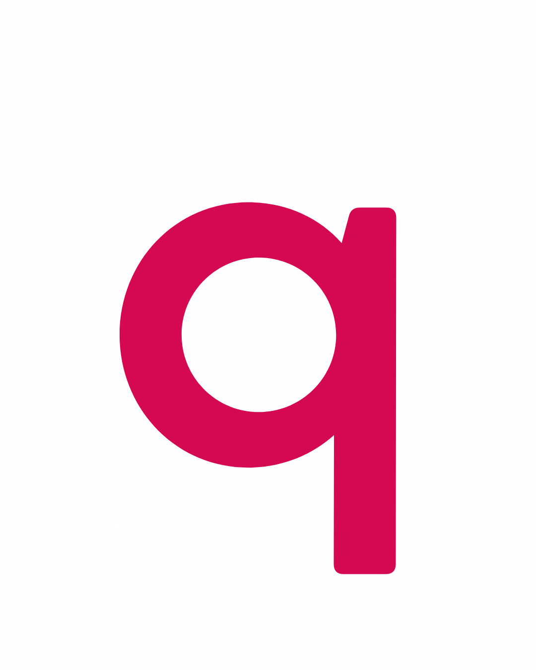 Lowercase letter card: the little letter q in its own colour on a white card, from the Kiddo School alphabet