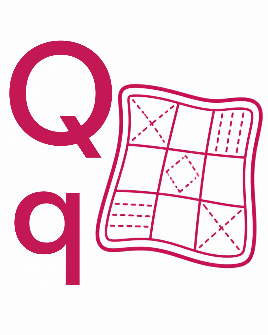 Letter and picture association card: Q q with a red quilt with a patchwork of squares and diamonds