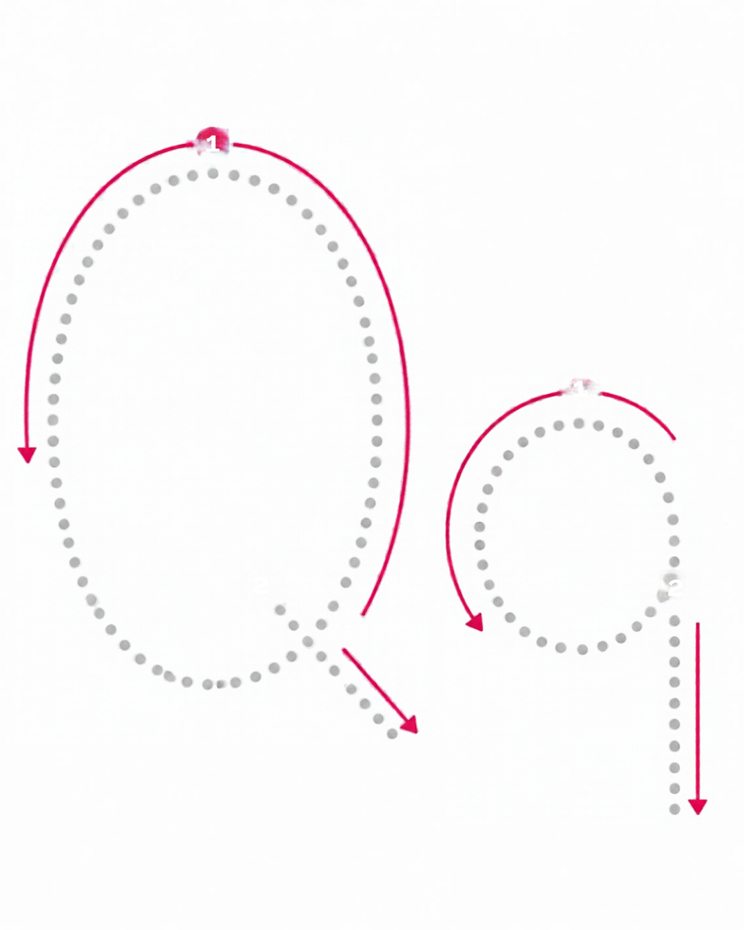 Letter tracing card for Q: dotted Q and q with numbered stroke arrows, from the Kiddo School alphabet