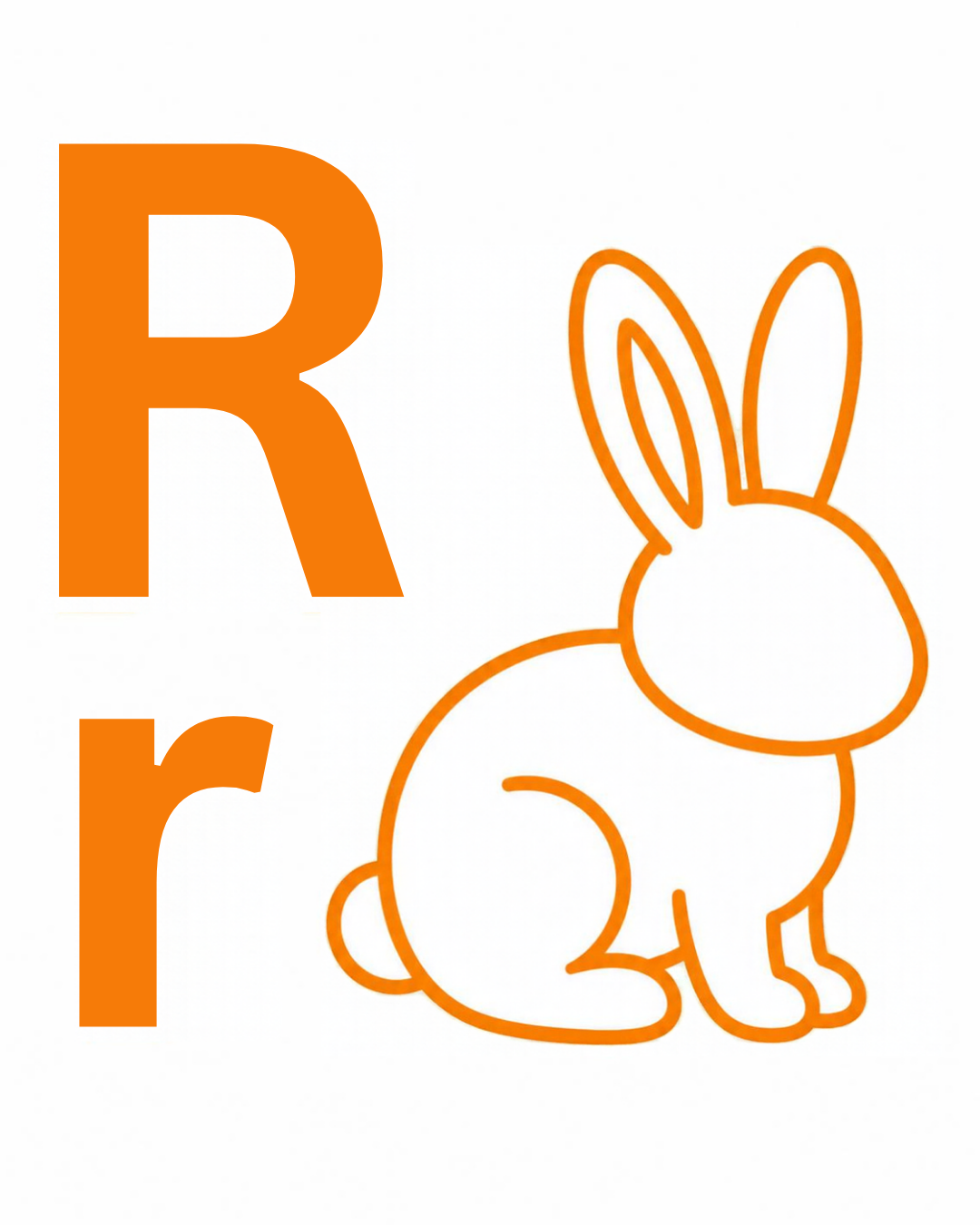 Letter and picture association card: R r with an orange outline of a rabbit sitting