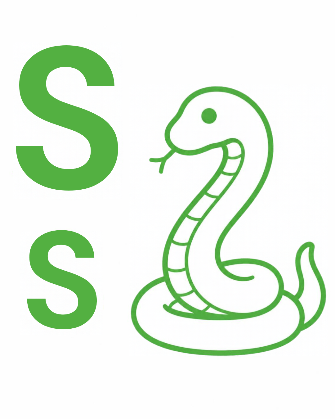 Letter and picture association card: S s with the letters S s beside a green snake