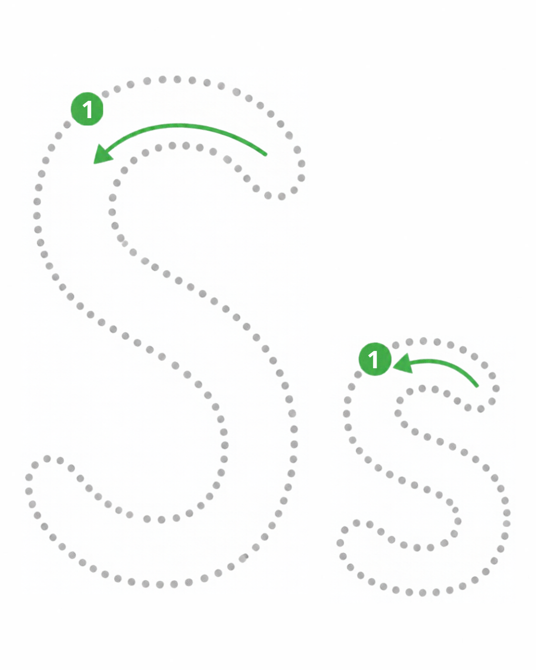 Letter tracing card for S: dotted S and s with numbered stroke arrows, from the Kiddo School alphabet
