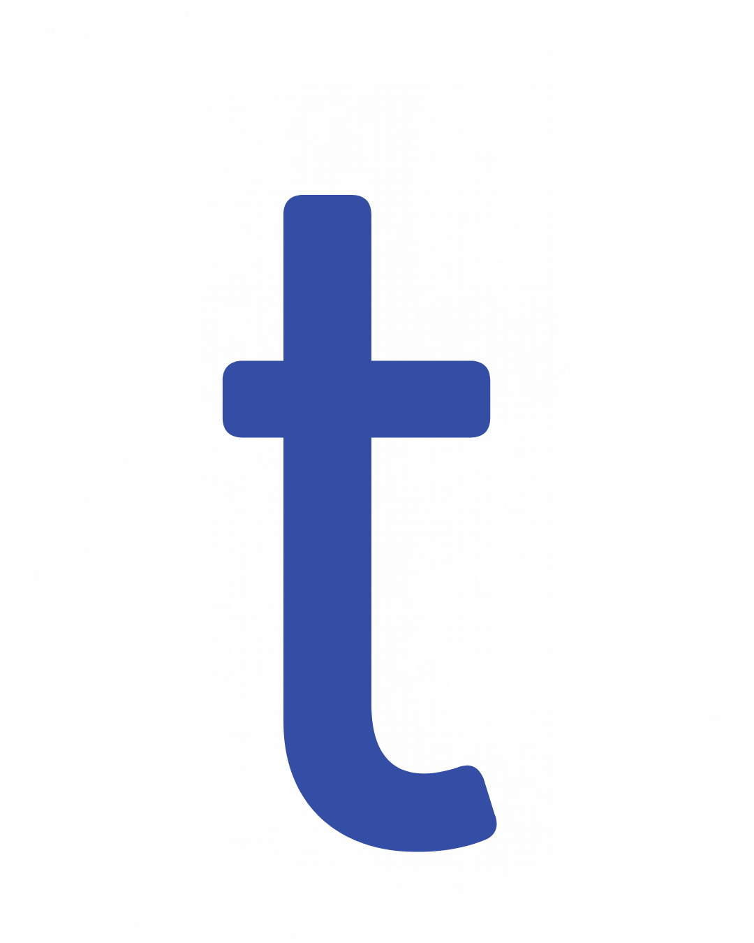 Lowercase letter card: the little letter t in its own colour on a white card, from the Kiddo School alphabet